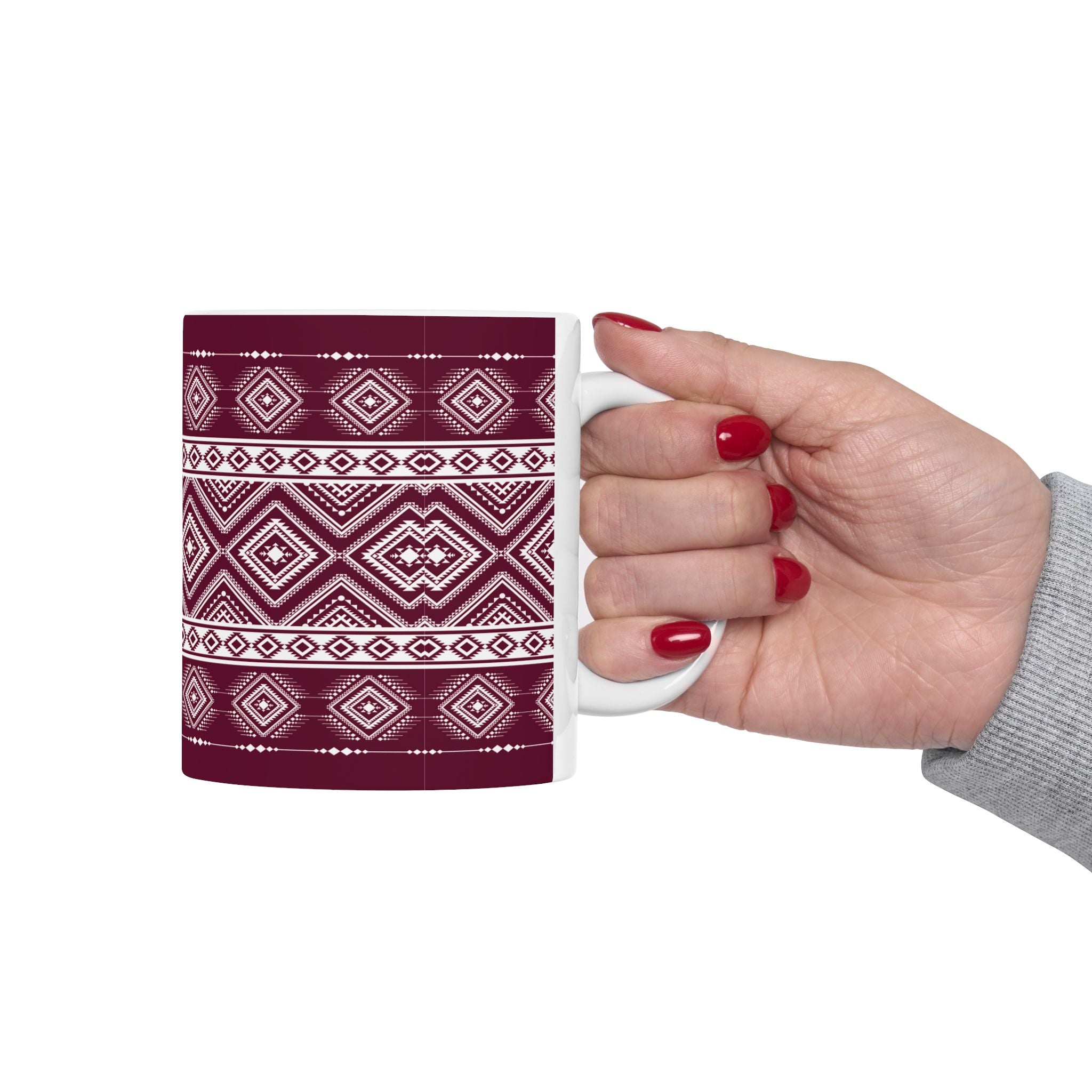 Maroon Aztec Pattern Ceramic Mug – Geometric Tribal Coffee Cup (11oz/15oz)
