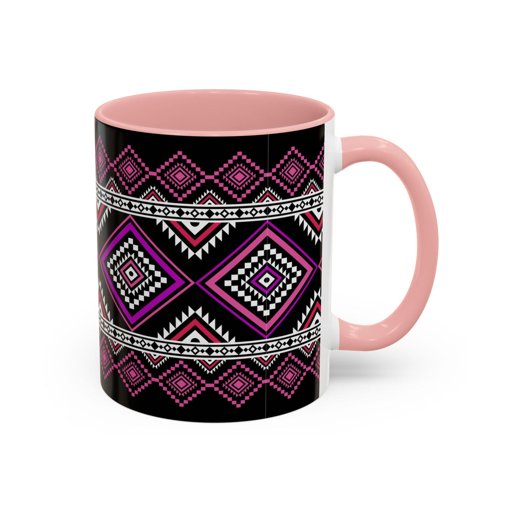 Geometric Aztec Accent Coffee Mug — Pink & Black Tribal Pattern (11/15oz)