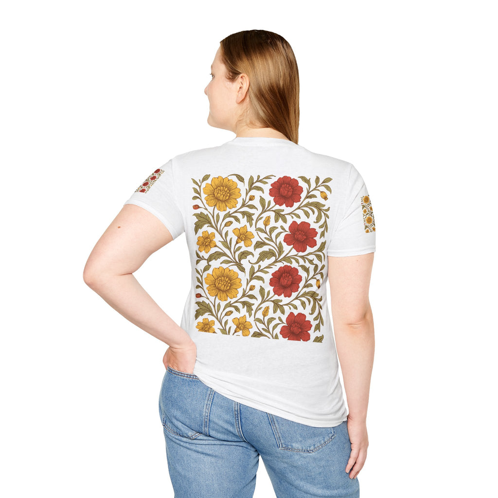 Floral Vintage Garden T-Shirt — Red & Mustard Blooms