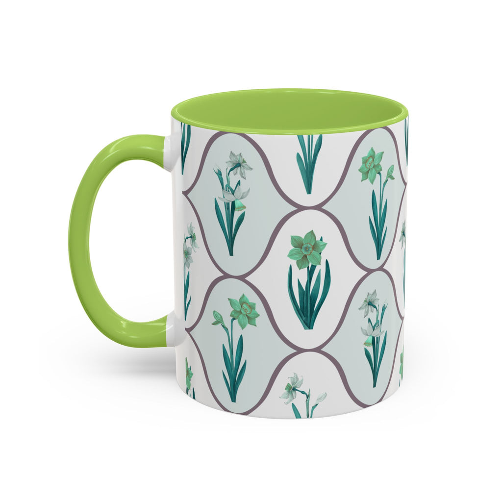 Floral Tile Accent Coffee Mug — Green Botanical Pattern (11/15 oz)