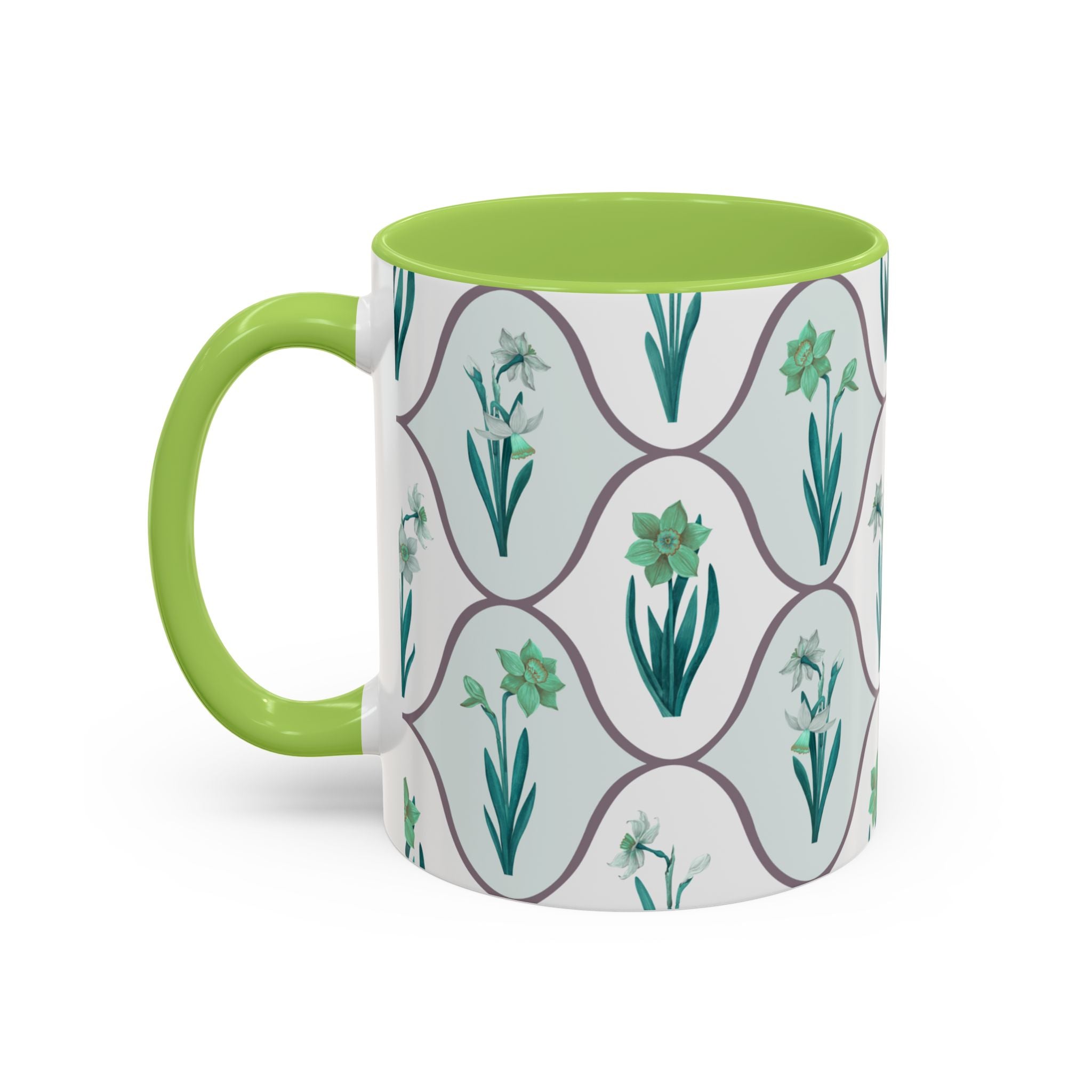 Floral Tile Accent Coffee Mug — Green Botanical Pattern (11/15 oz)