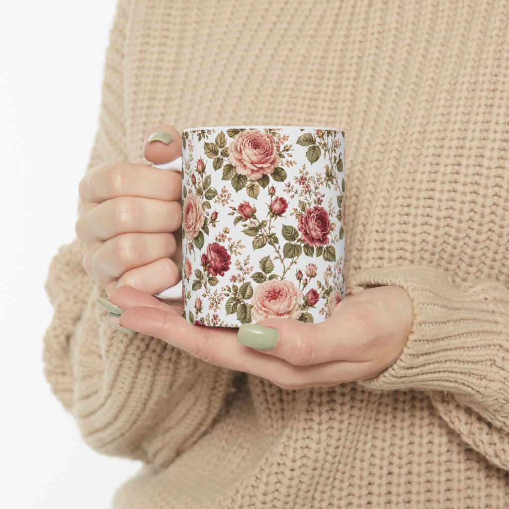 Vintage Rose Floral Ceramic Mug — 11oz & 15oz Tea Coffee Cup