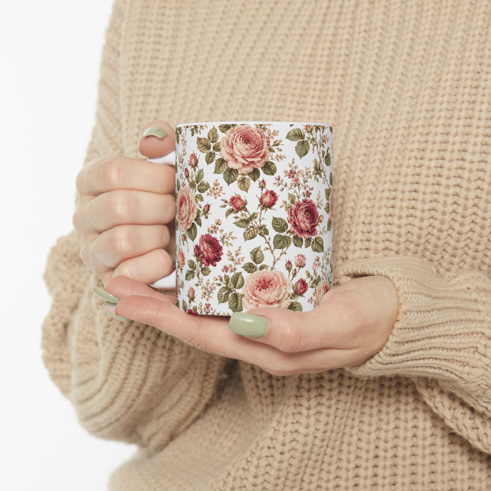 Vintage Rose Floral Ceramic Mug — 11oz & 15oz Tea Coffee Cup