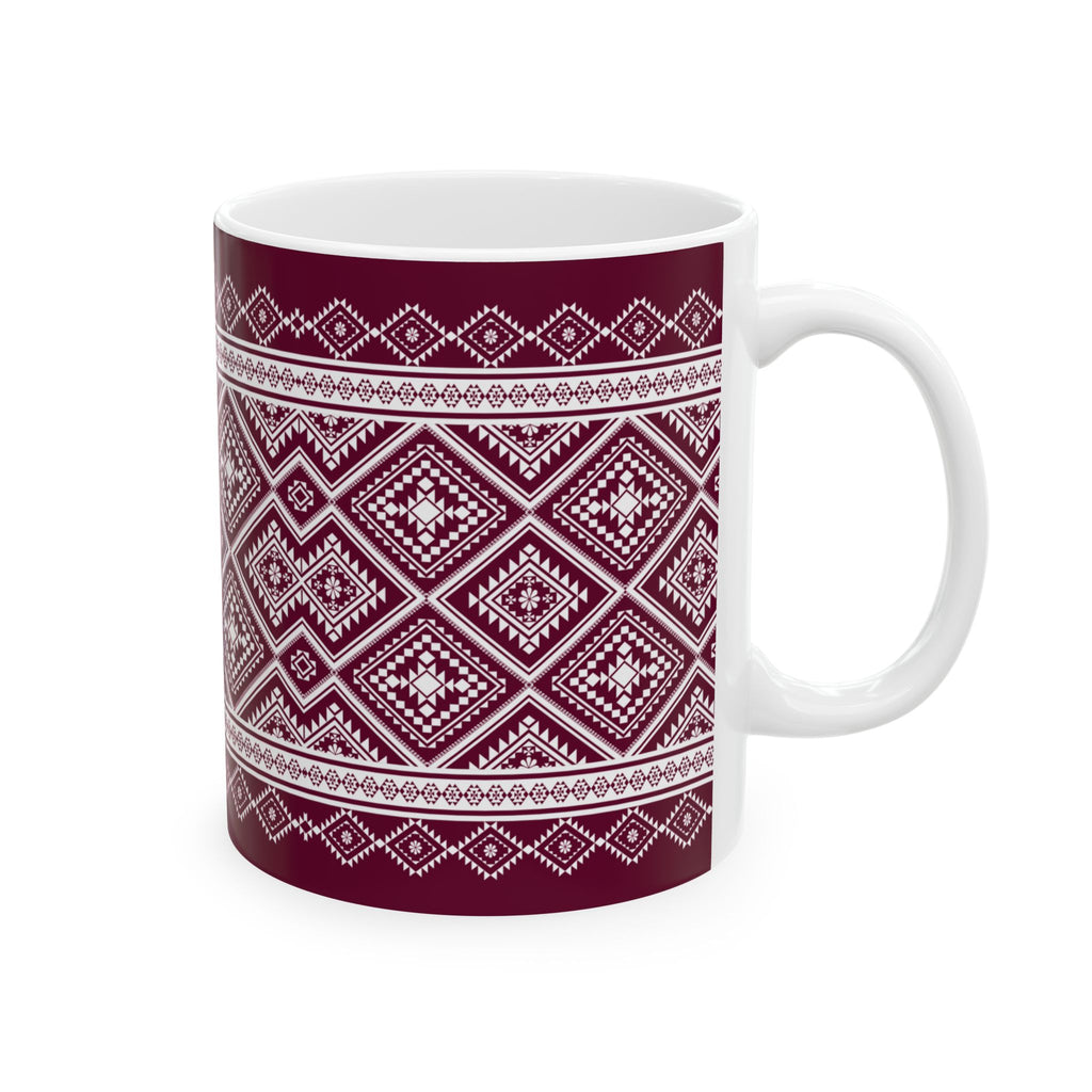 Maroon Nordic Pattern Ceramic Mug — Cozy Scandinavian Knit Design (11oz & 15oz)