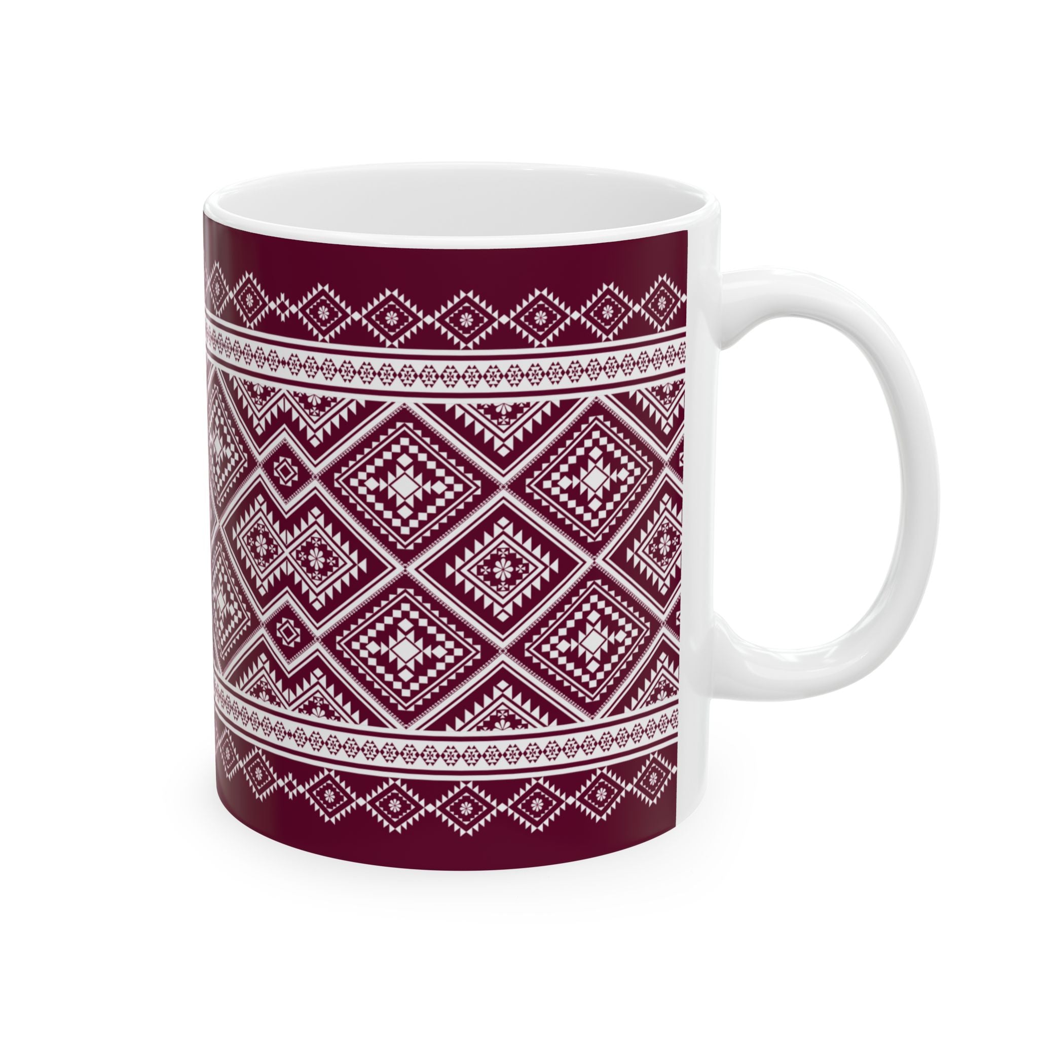 Maroon Nordic Pattern Ceramic Mug — Cozy Scandinavian Knit Design (11oz & 15oz)