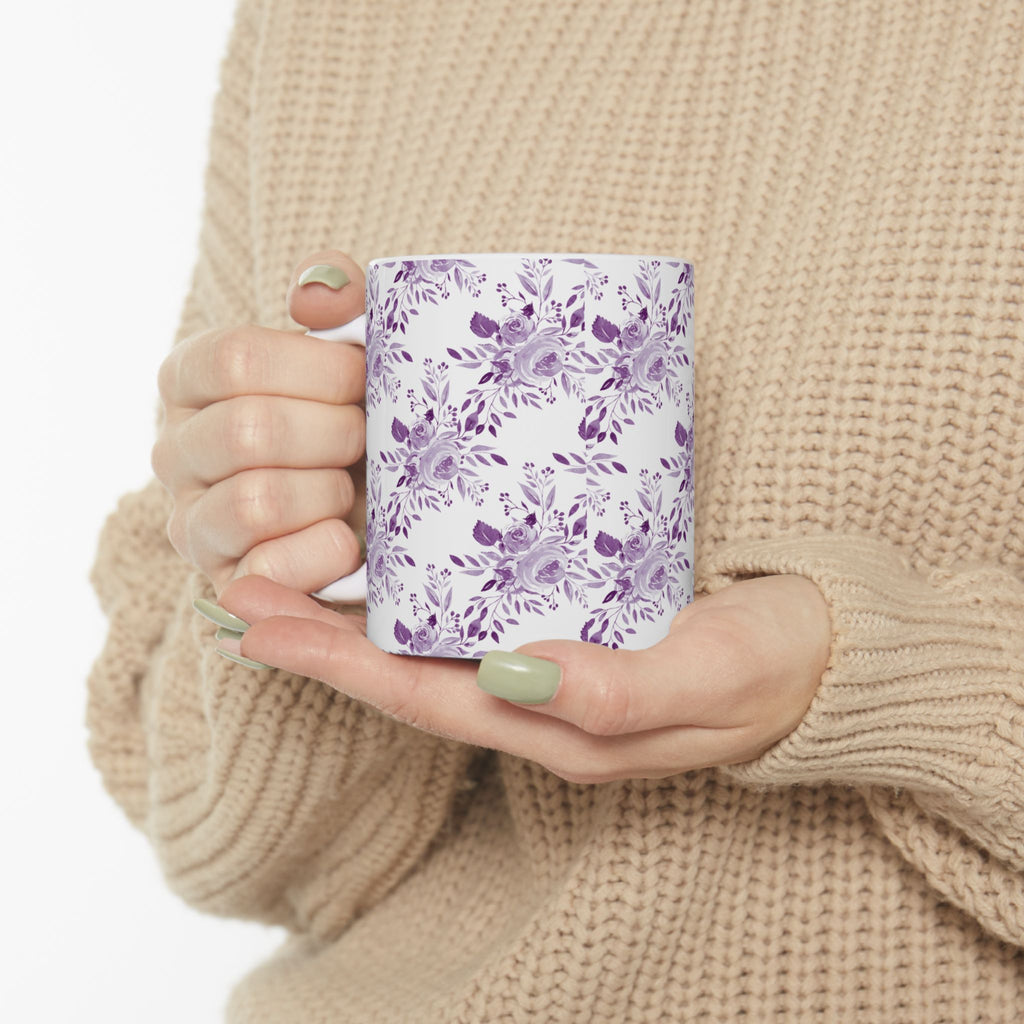Purple Watercolor Floral Ceramic Mug — Lavender Rose Pattern (11oz & 15oz)
