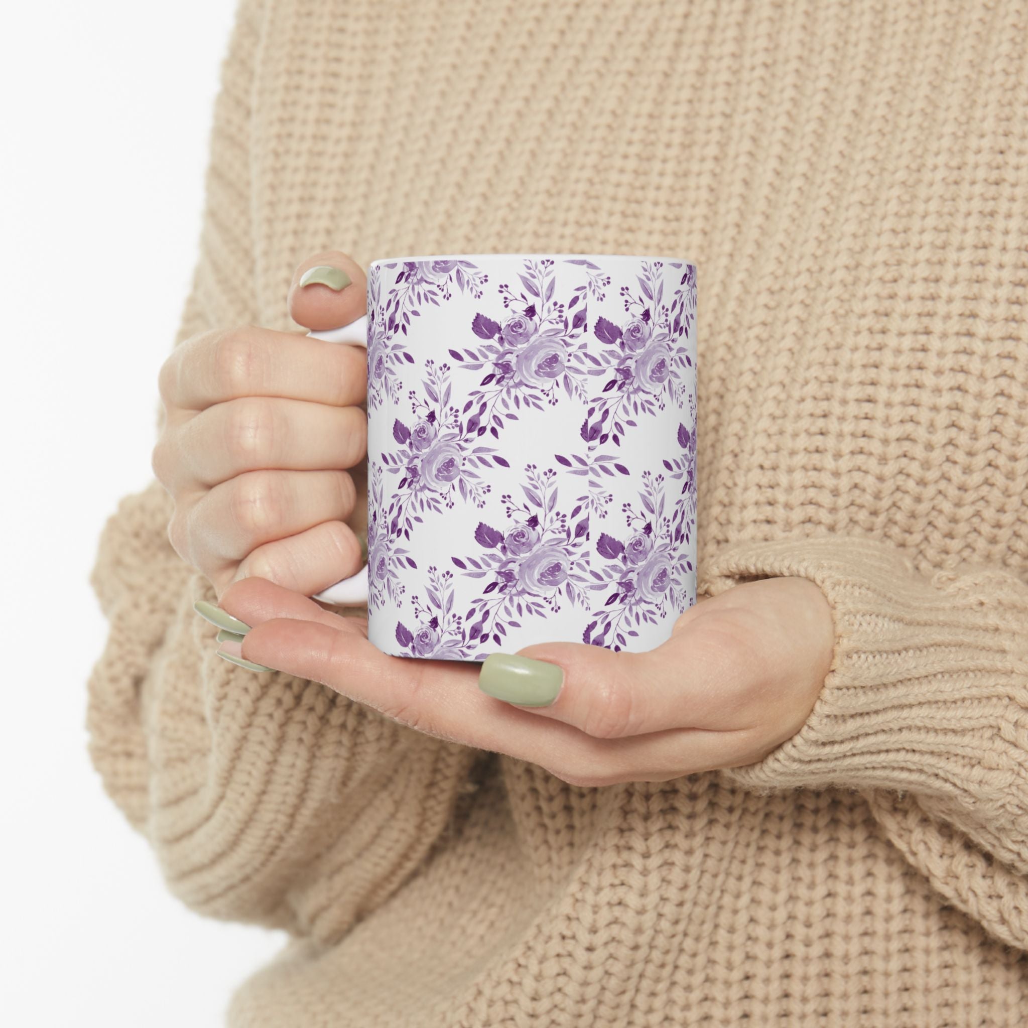 Purple Watercolor Floral Ceramic Mug — Lavender Rose Pattern (11oz & 15oz)