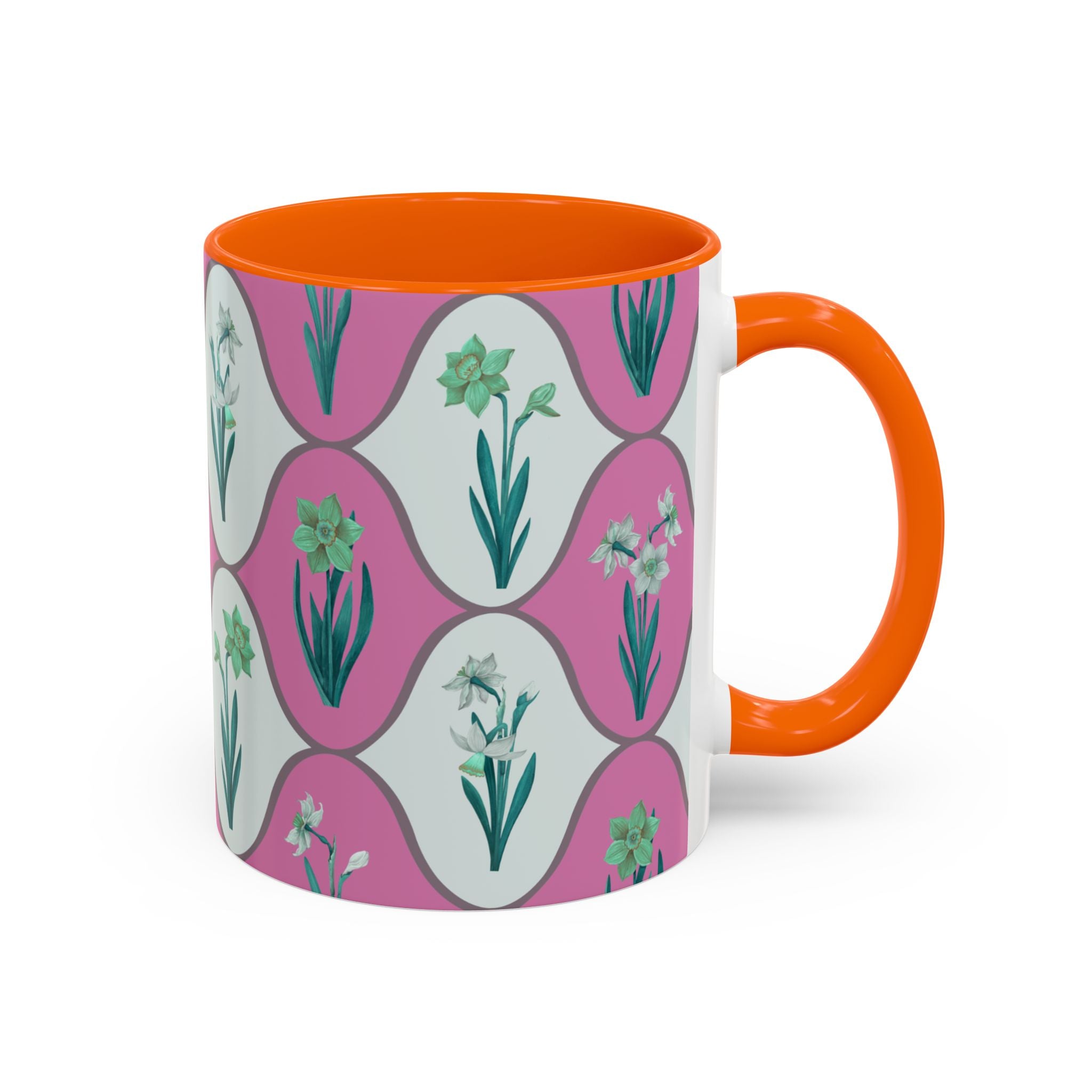 Floral Wave Accent Coffee Mug – Pink Retro Daffodil Pattern (11/15oz)