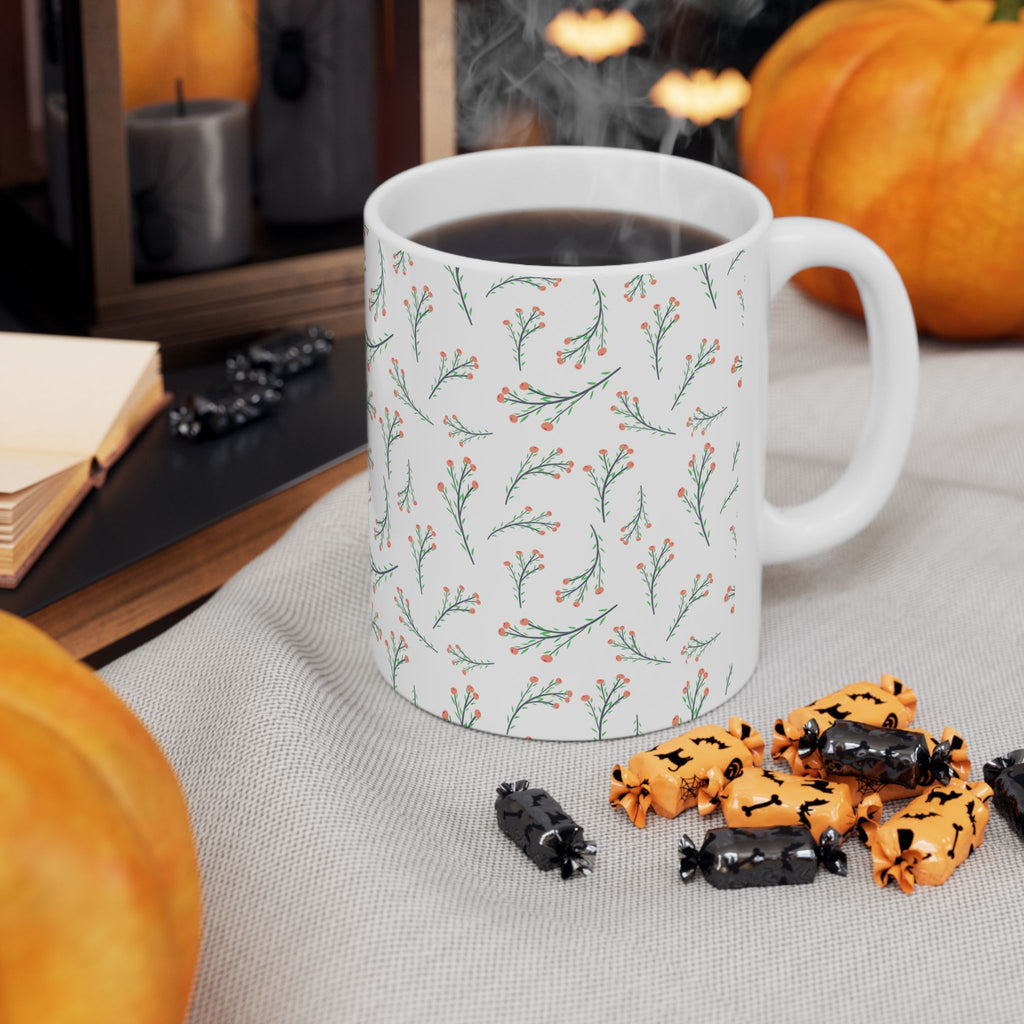 Botanical Sprig Ceramic Mug — Delicate Floral Pattern Coffee Cup (11oz, 15oz)