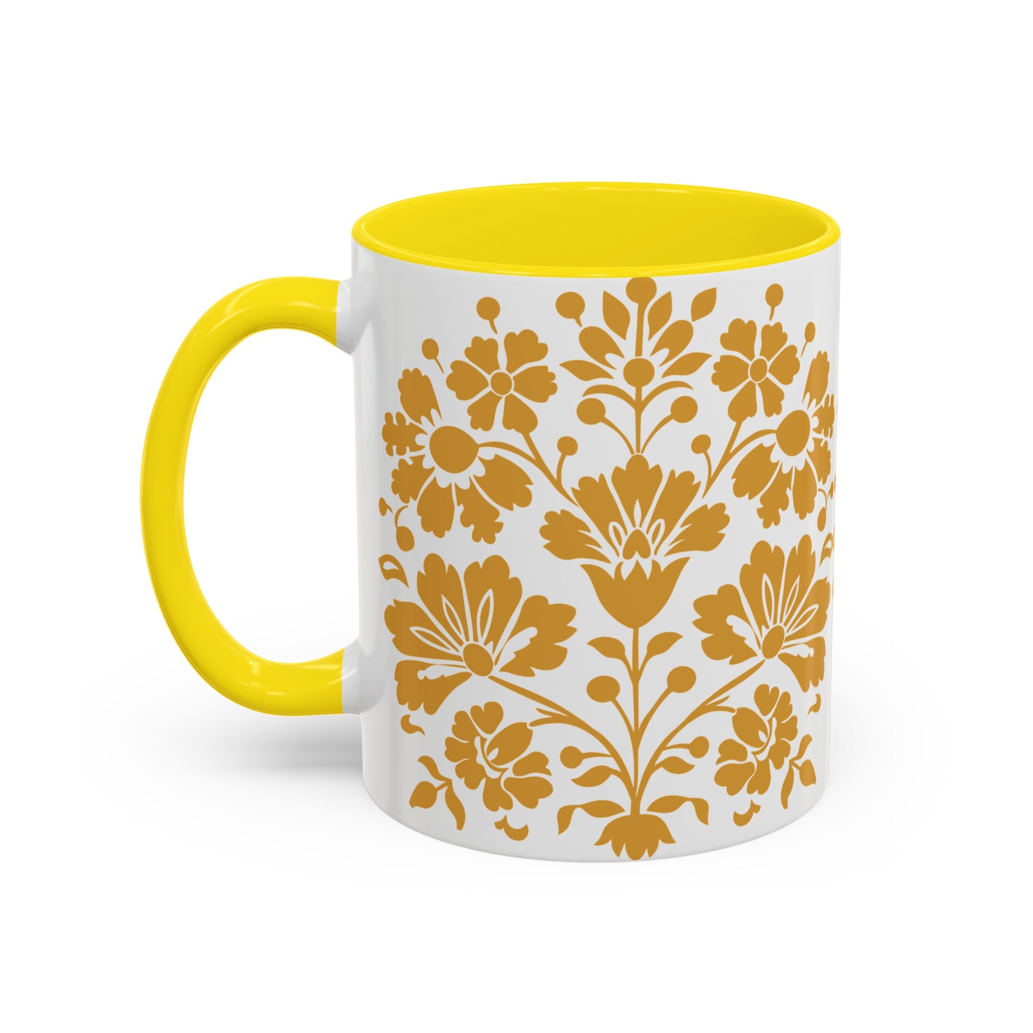 Gold Floral Accent Coffee Mug — Elegant Damask 11/15oz Ceramic