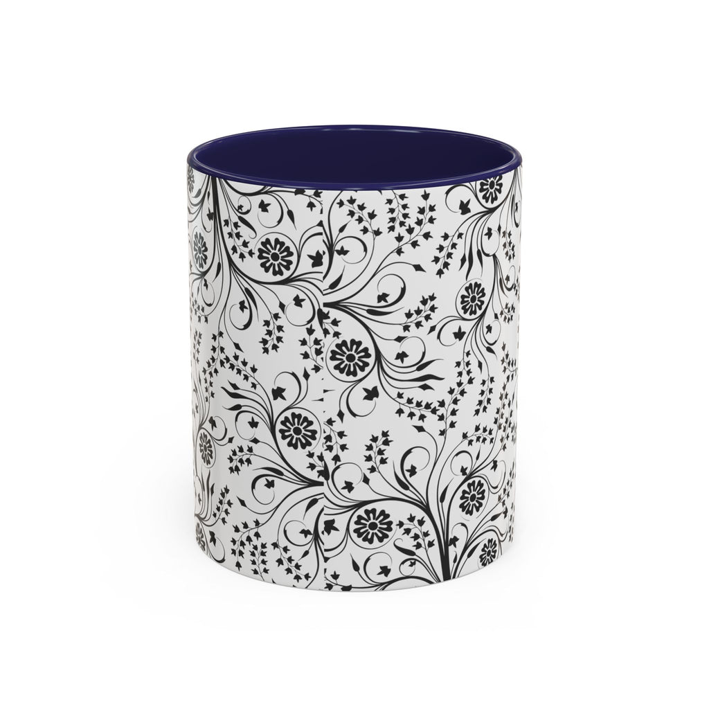 Black Floral Accent Coffee Mug — Elegant Swirl Pattern (11/15oz)