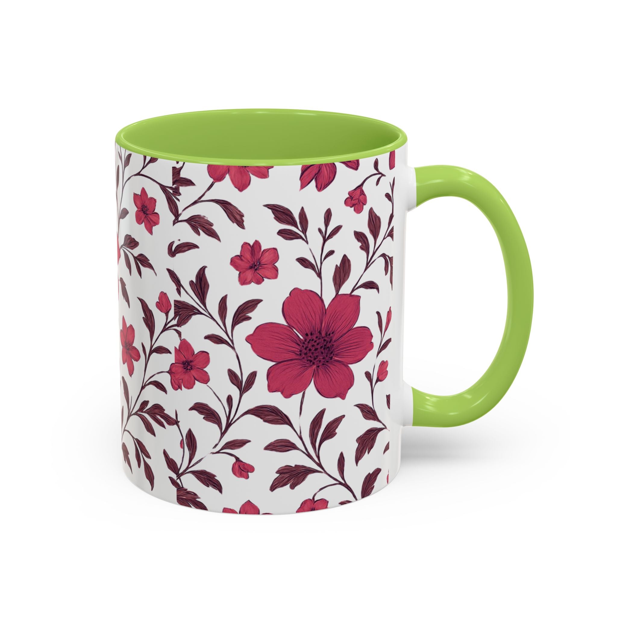 Floral Burgundy Accent Coffee Mug — Pink Blossom Pattern, 11/15oz