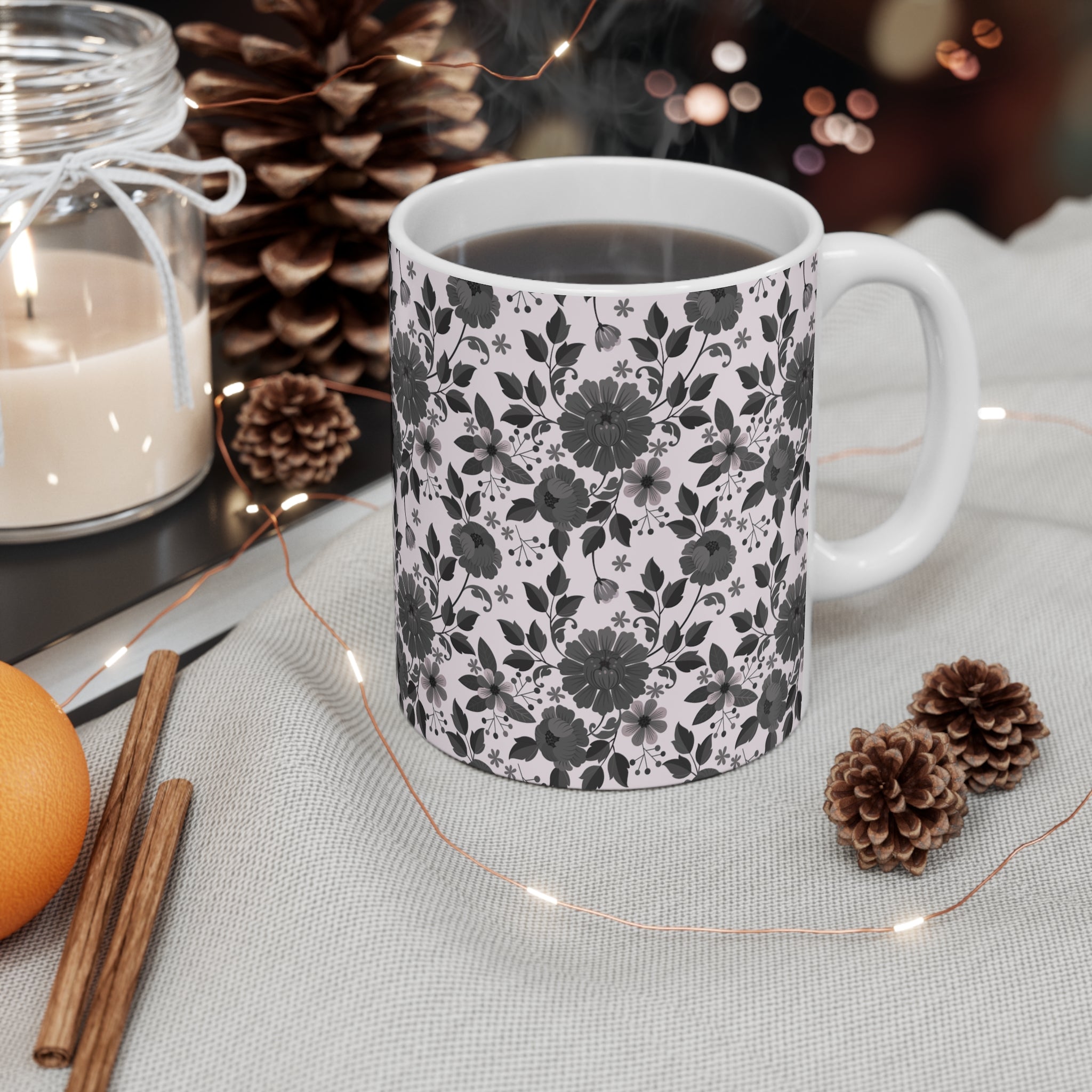 Floral Pattern Coffee Mug — Black & Blush Vintage Daisy Ceramic Mug