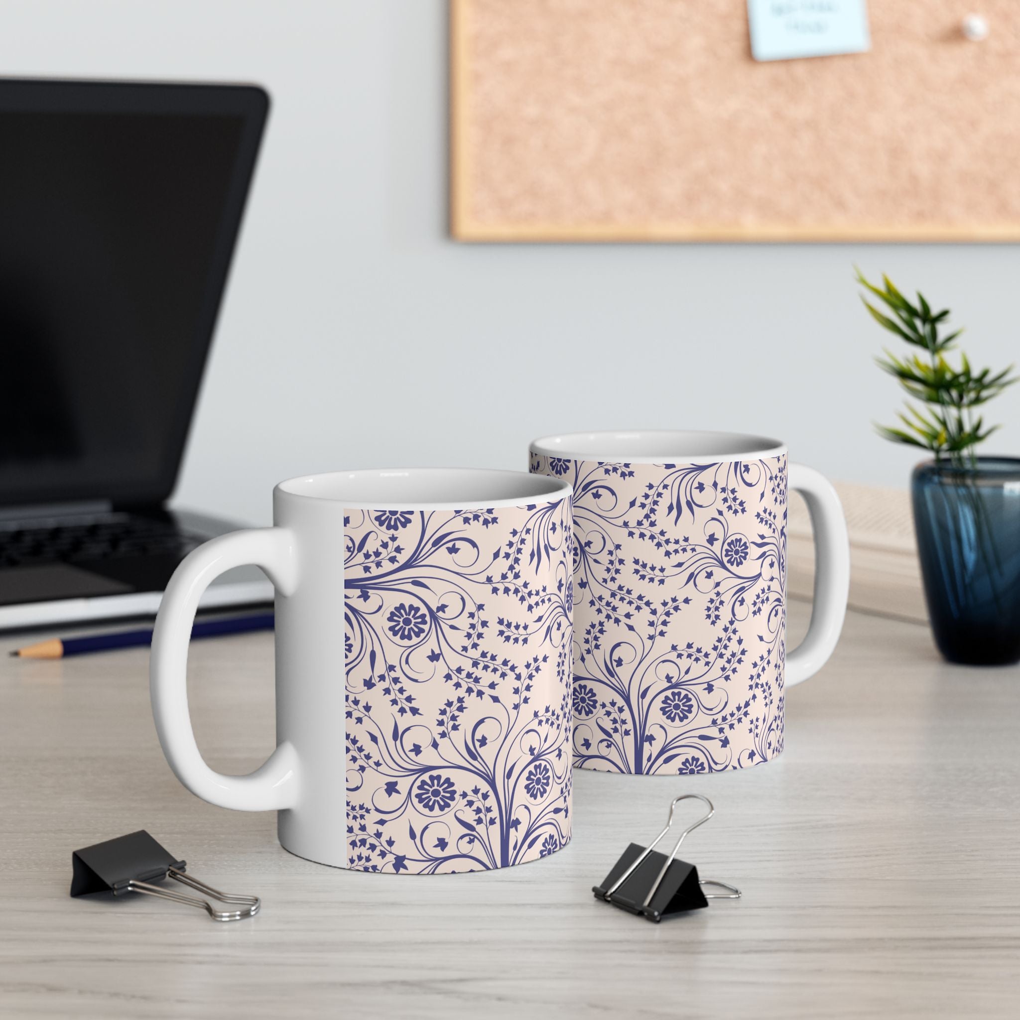 Blue Floral Ceramic Mug – Vintage Vine Pattern Coffee Tea Cup (11oz & 15oz)