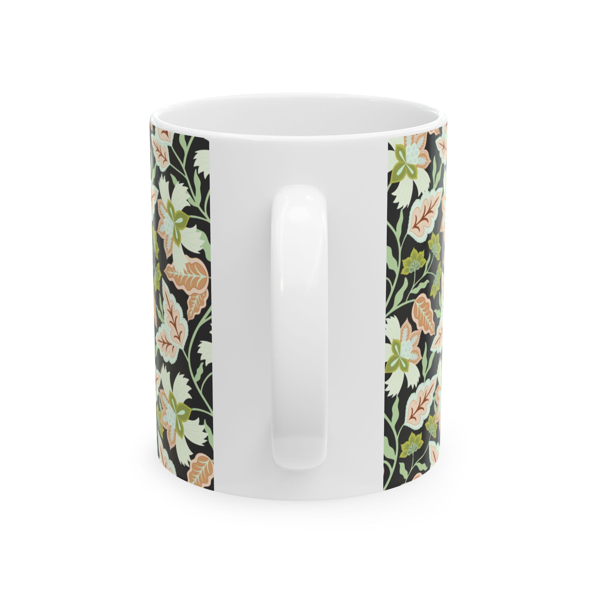 Floral Vine Ceramic Mug — Black Background Vintage Botanical Coffee Cup (11oz, 15oz)