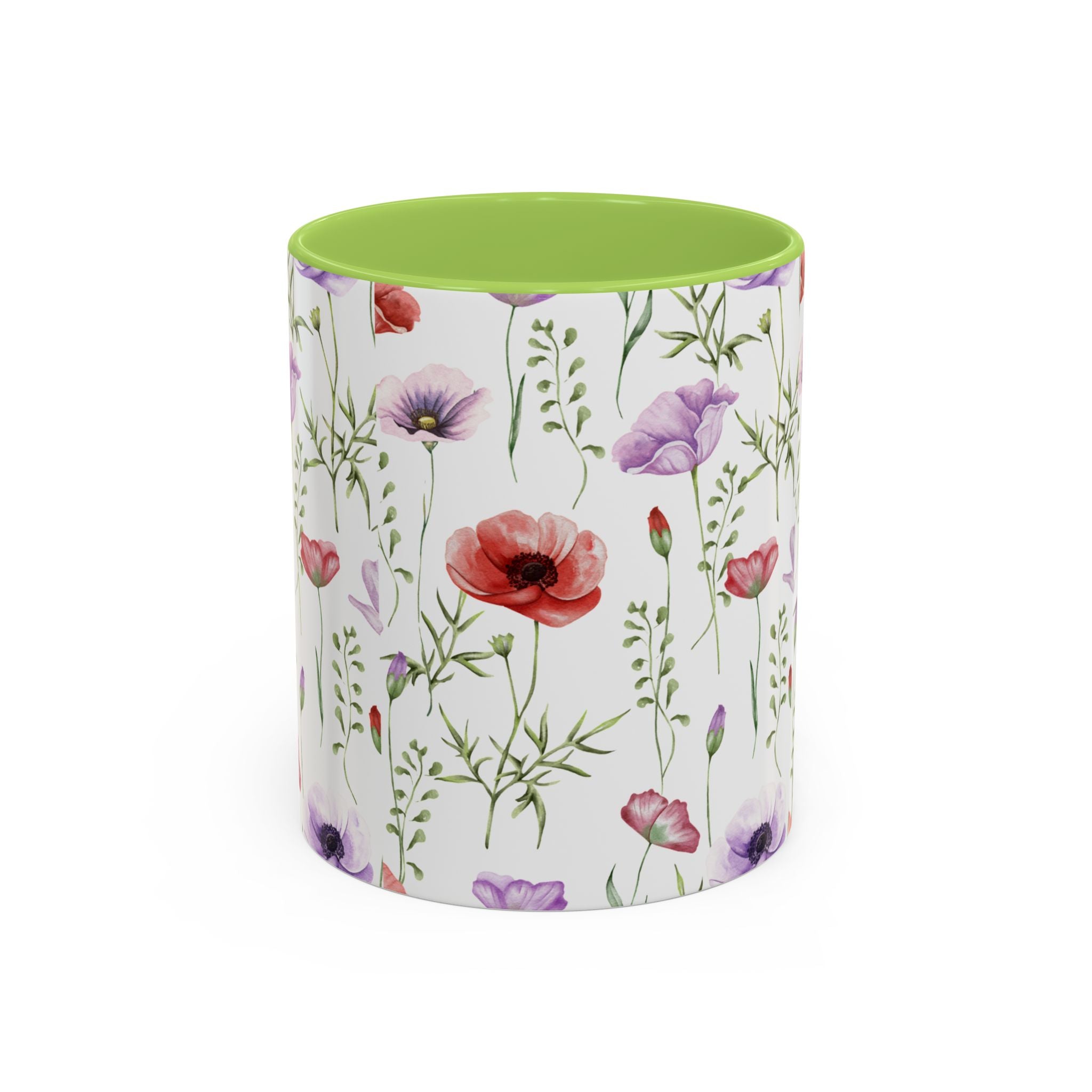 Floral Watercolor Accent Coffee Mug — Poppy & Wildflower Pattern (11/15oz)