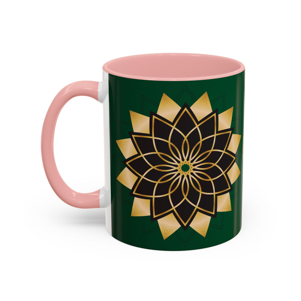 Gold Mandala Accent Coffee Mug — Elegant Green & Black Ceramic 11/15oz