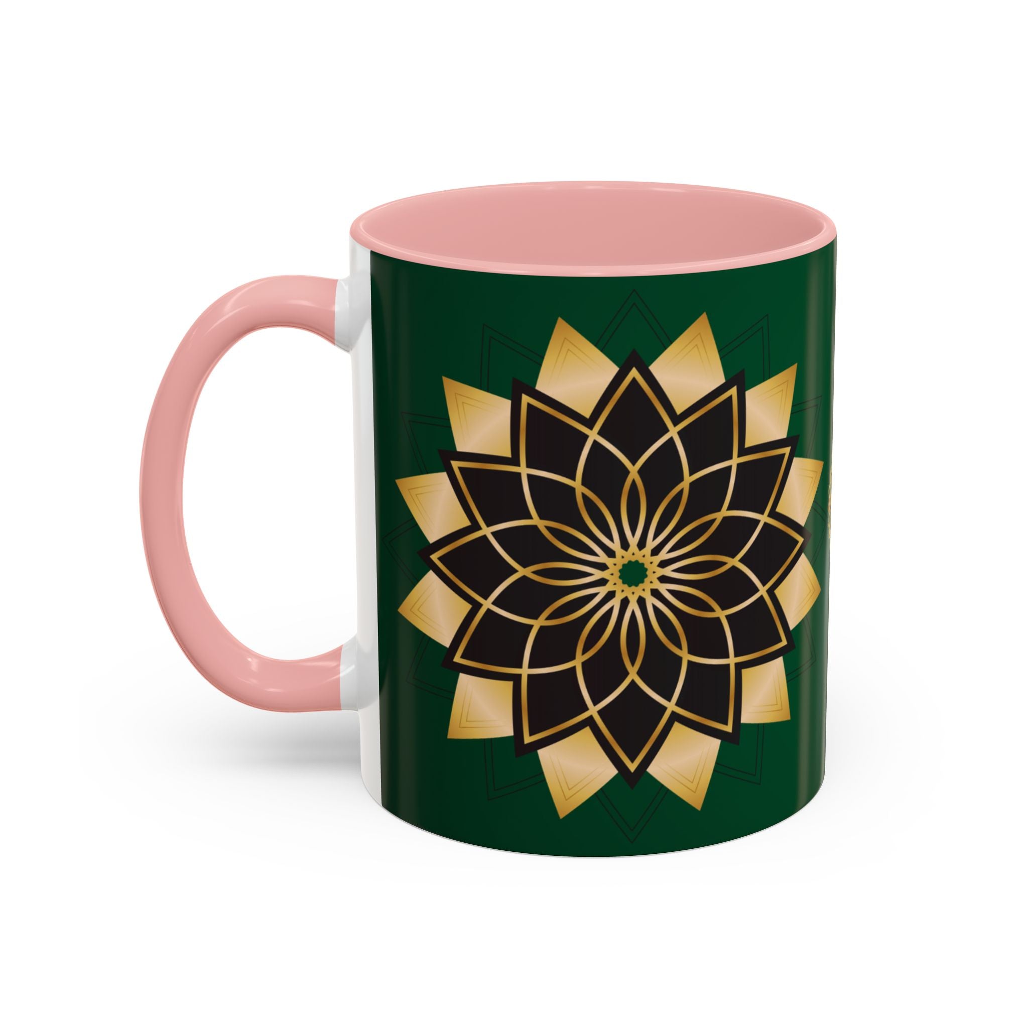 Gold Mandala Accent Coffee Mug — Elegant Green & Black Ceramic 11/15oz
