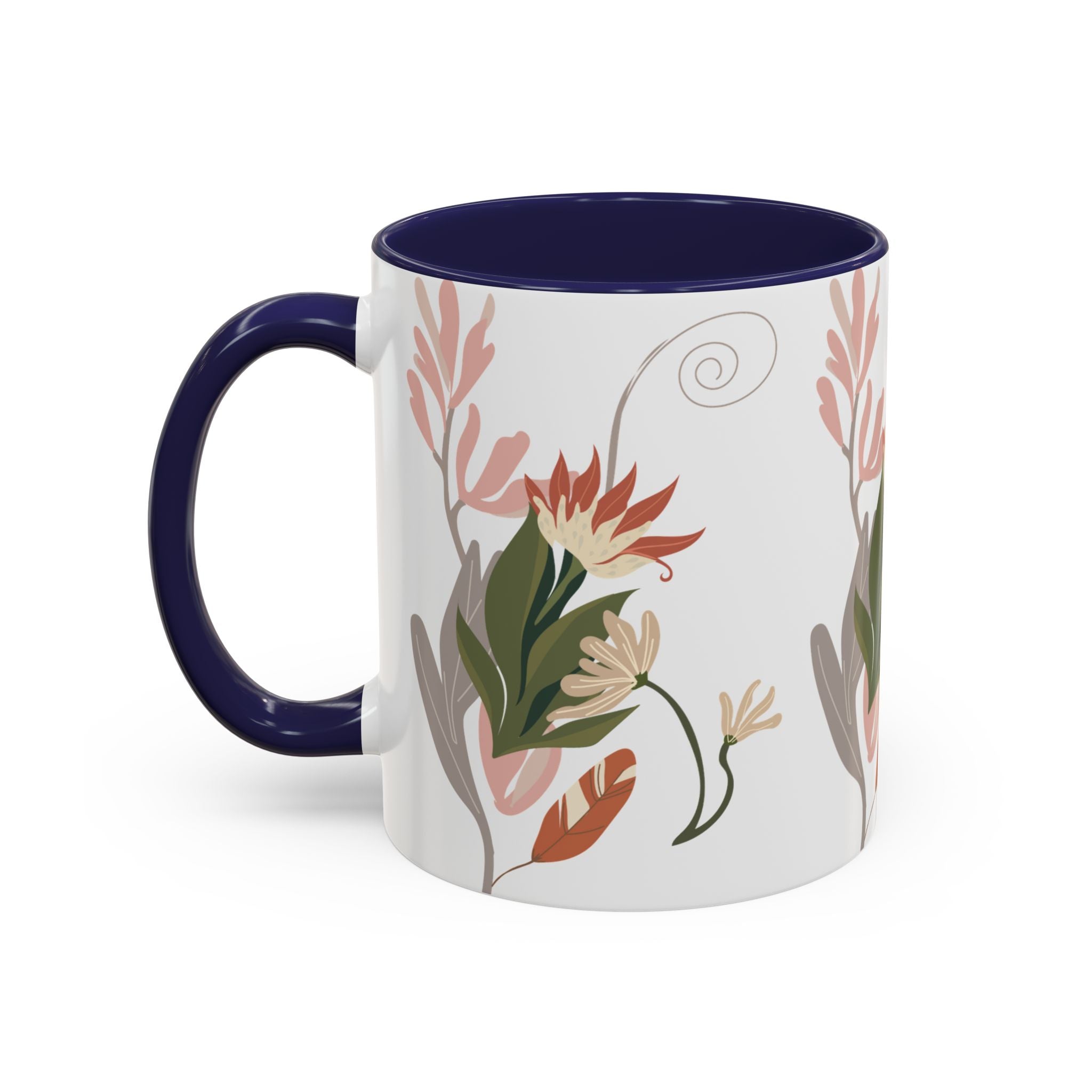 Floral Accent Coffee Mug – Botanical Pink & Green Pattern (11/15oz)
