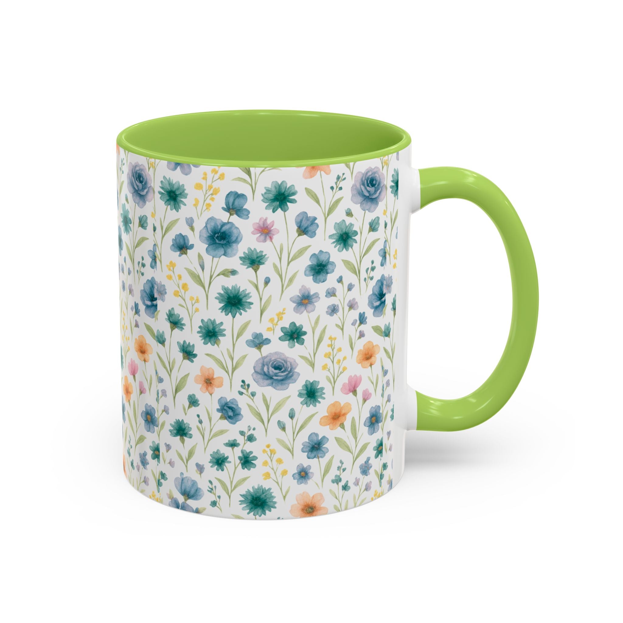 Floral Watercolor Accent Coffee Mug — Blue & Peach Wildflower Pattern (11/15oz)