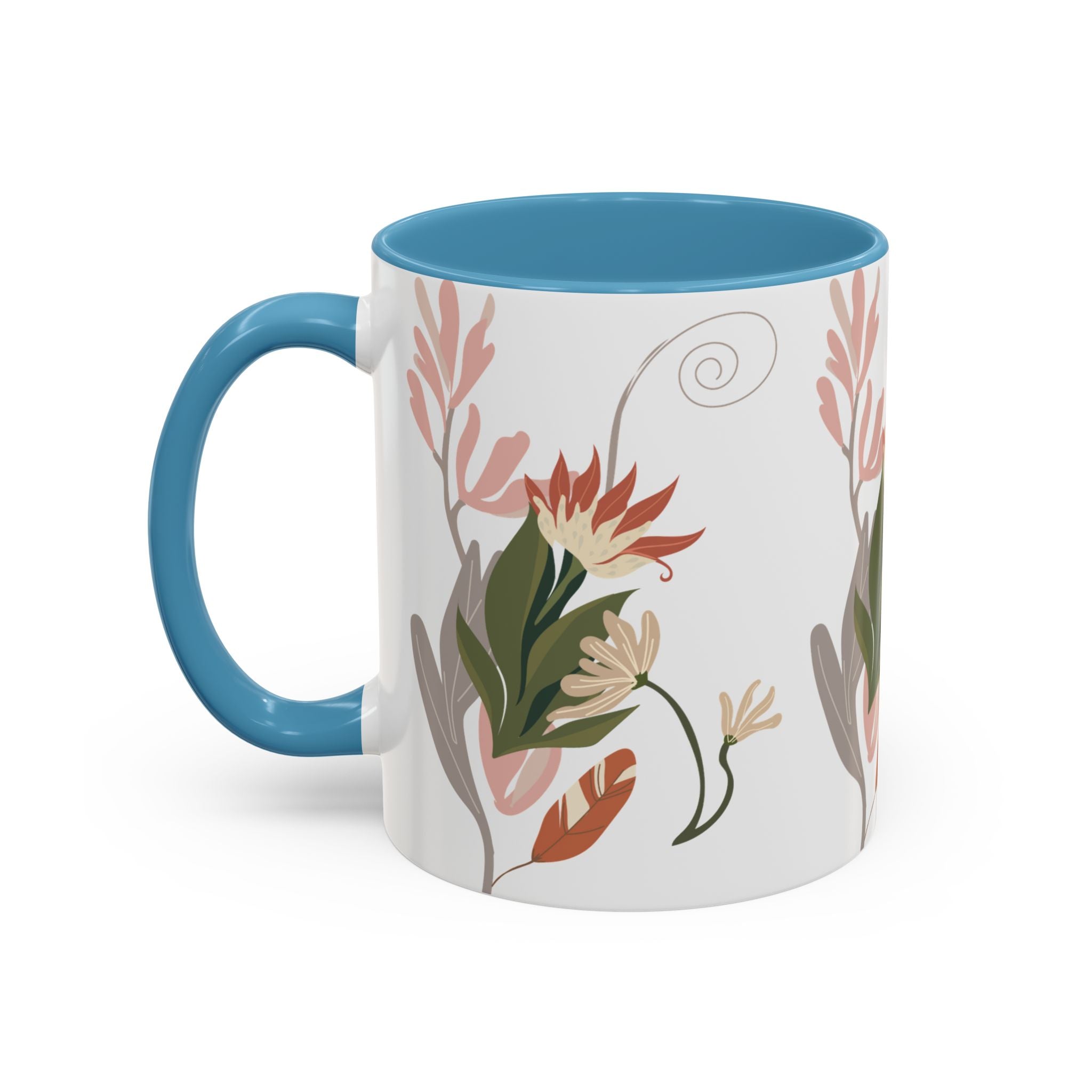 Floral Accent Coffee Mug – Botanical Pink & Green Pattern (11/15oz)