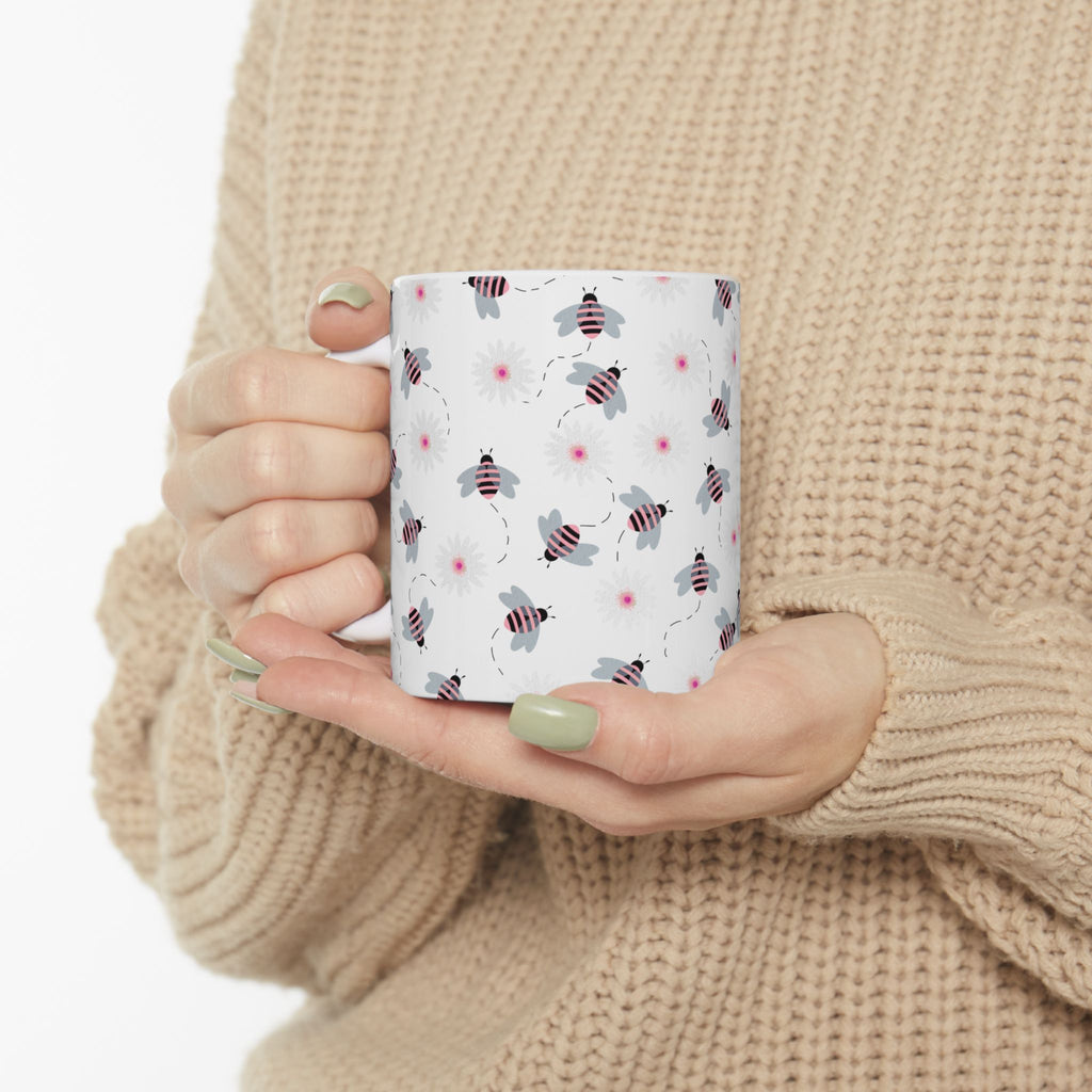 Bee Pattern Ceramic Mug — Cute Striped Bees & Pink Flower Dots, 11oz/15oz