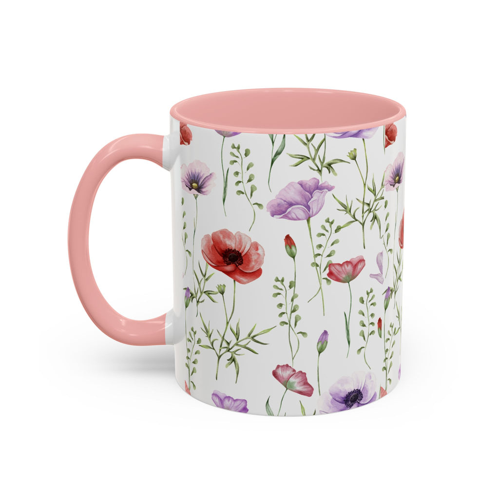 Floral Watercolor Accent Coffee Mug — Poppy & Wildflower Pattern (11/15oz)