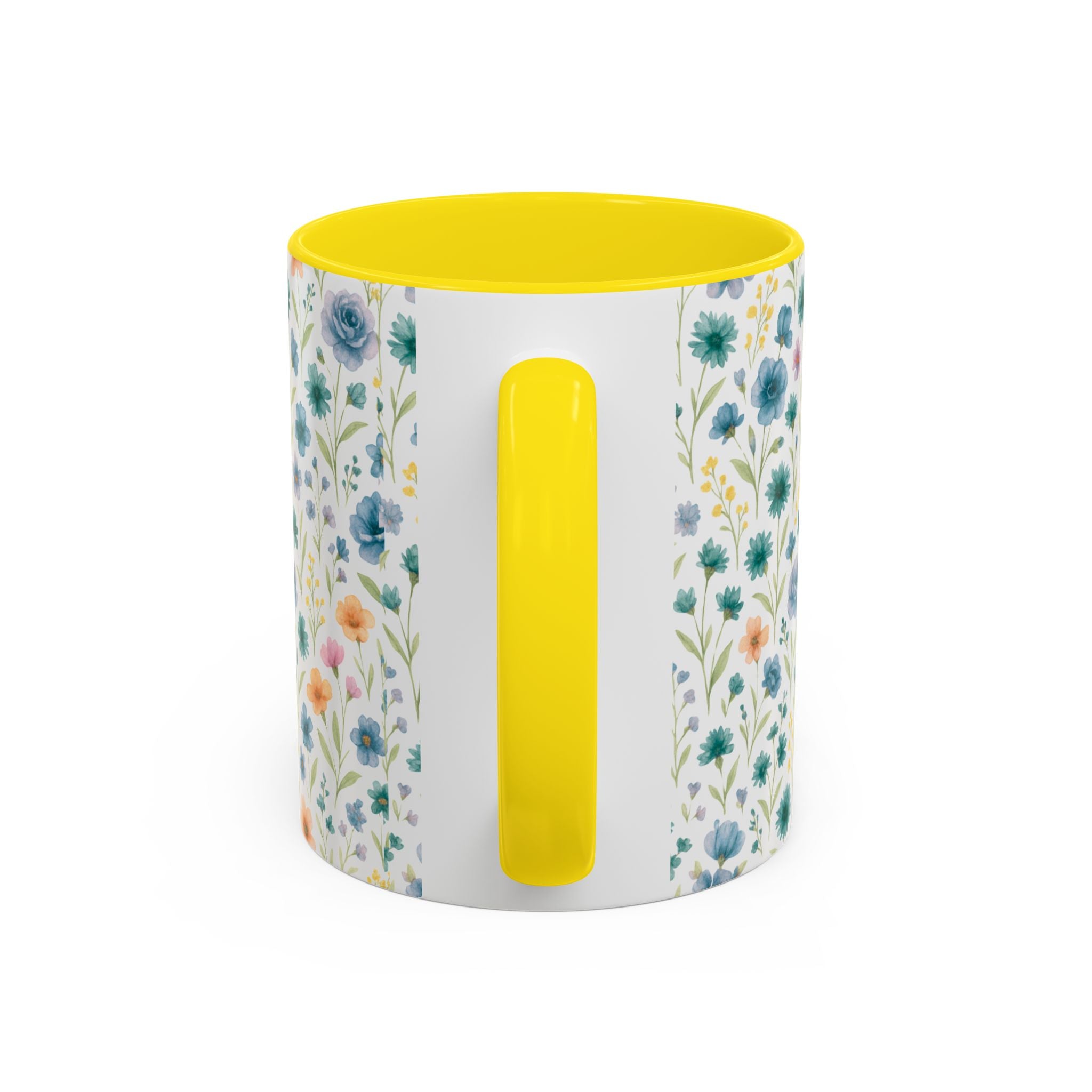 Floral Watercolor Accent Coffee Mug — Blue & Peach Wildflower Pattern (11/15oz)