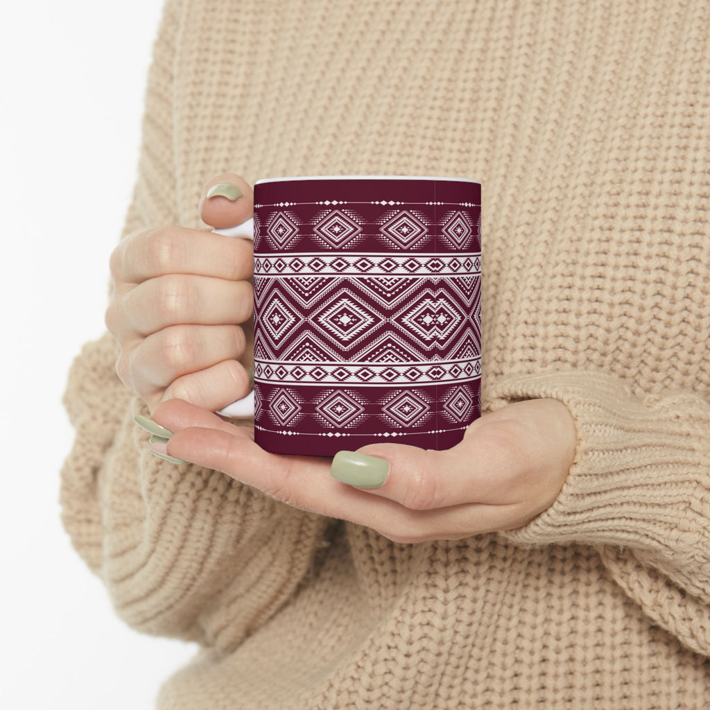 Maroon Aztec Pattern Ceramic Mug – Geometric Tribal Coffee Cup (11oz/15oz)