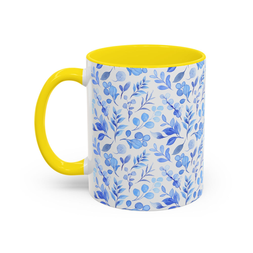 Blue Watercolor Floral Coffee Mug — Accent Handle & Interior