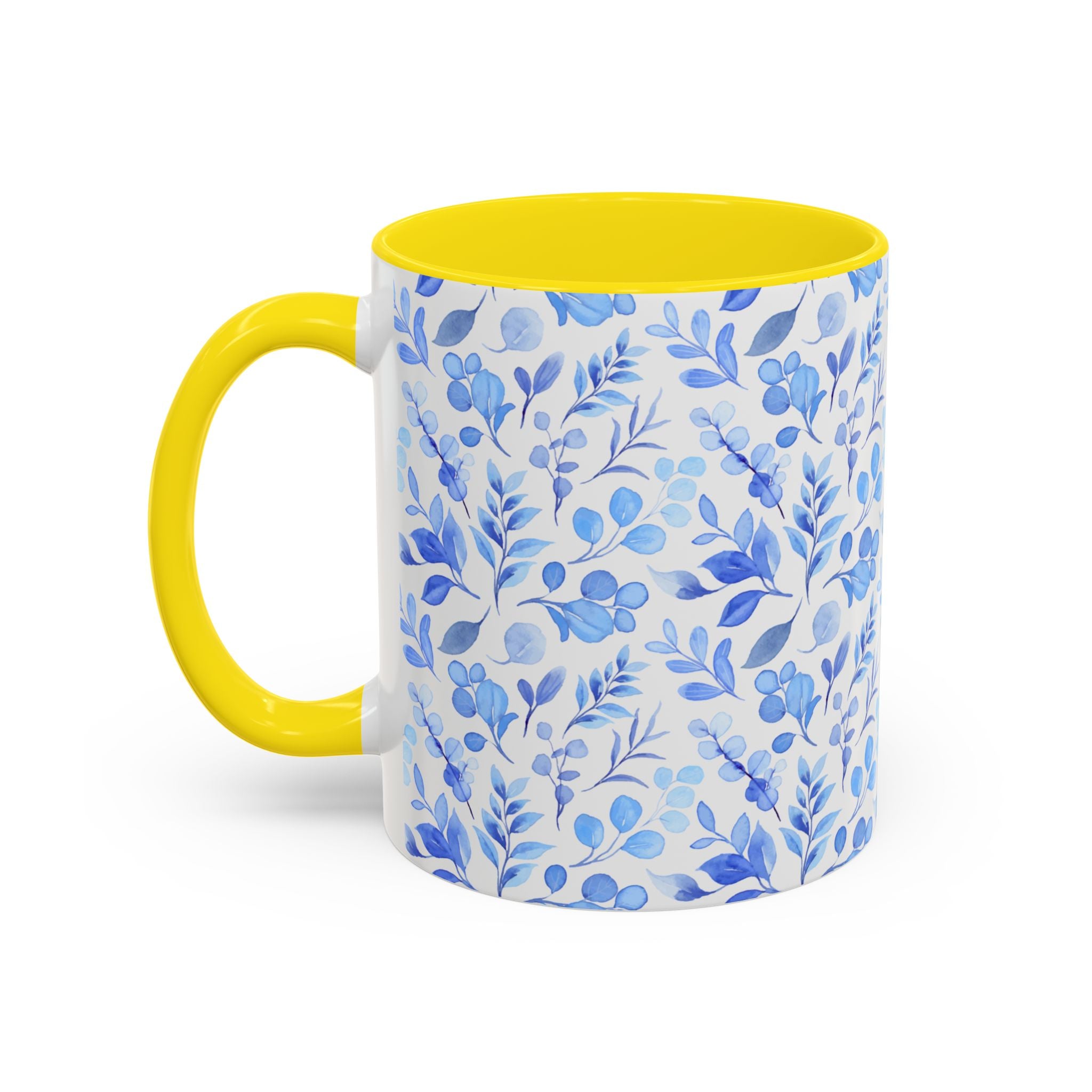 Blue Watercolor Floral Coffee Mug — Accent Handle & Interior