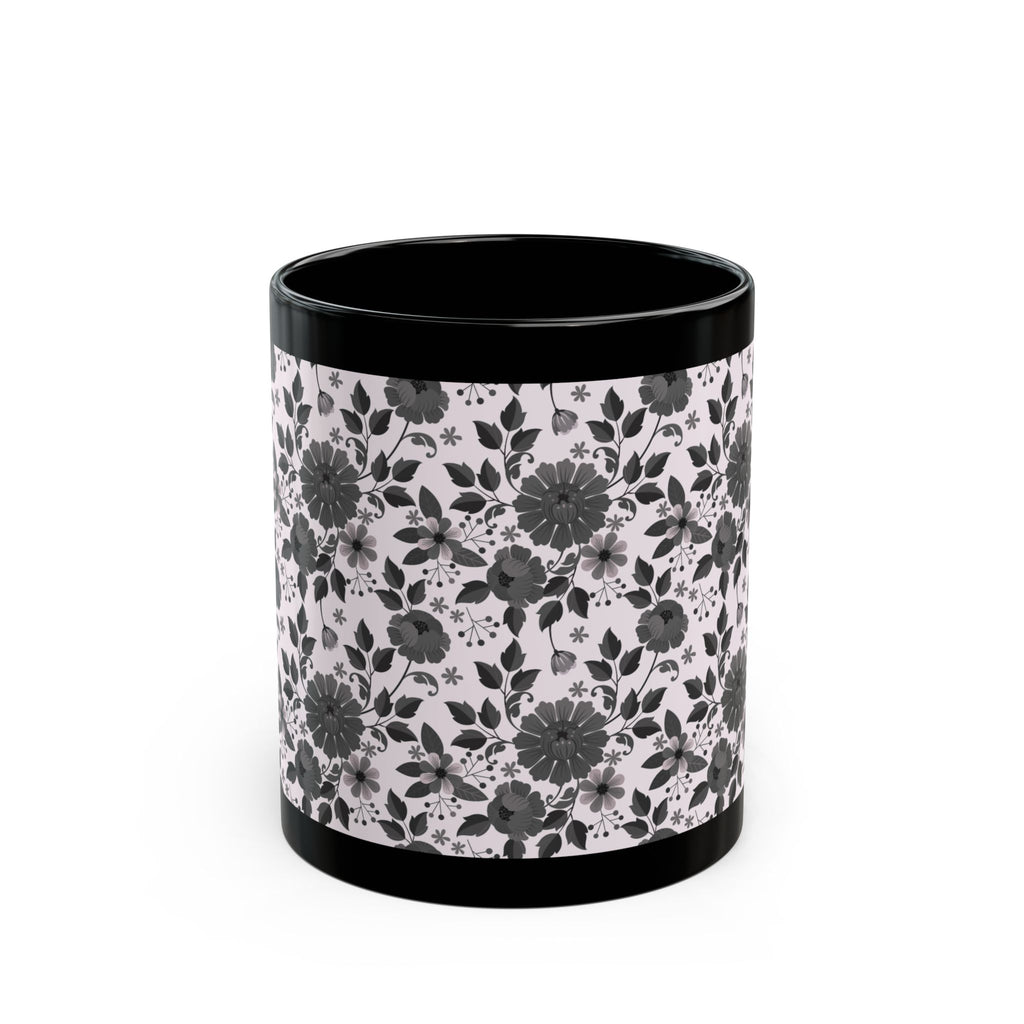 Black Floral Pattern Mug — Monochrome Vintage Flower Coffee Cup (11oz/15oz)