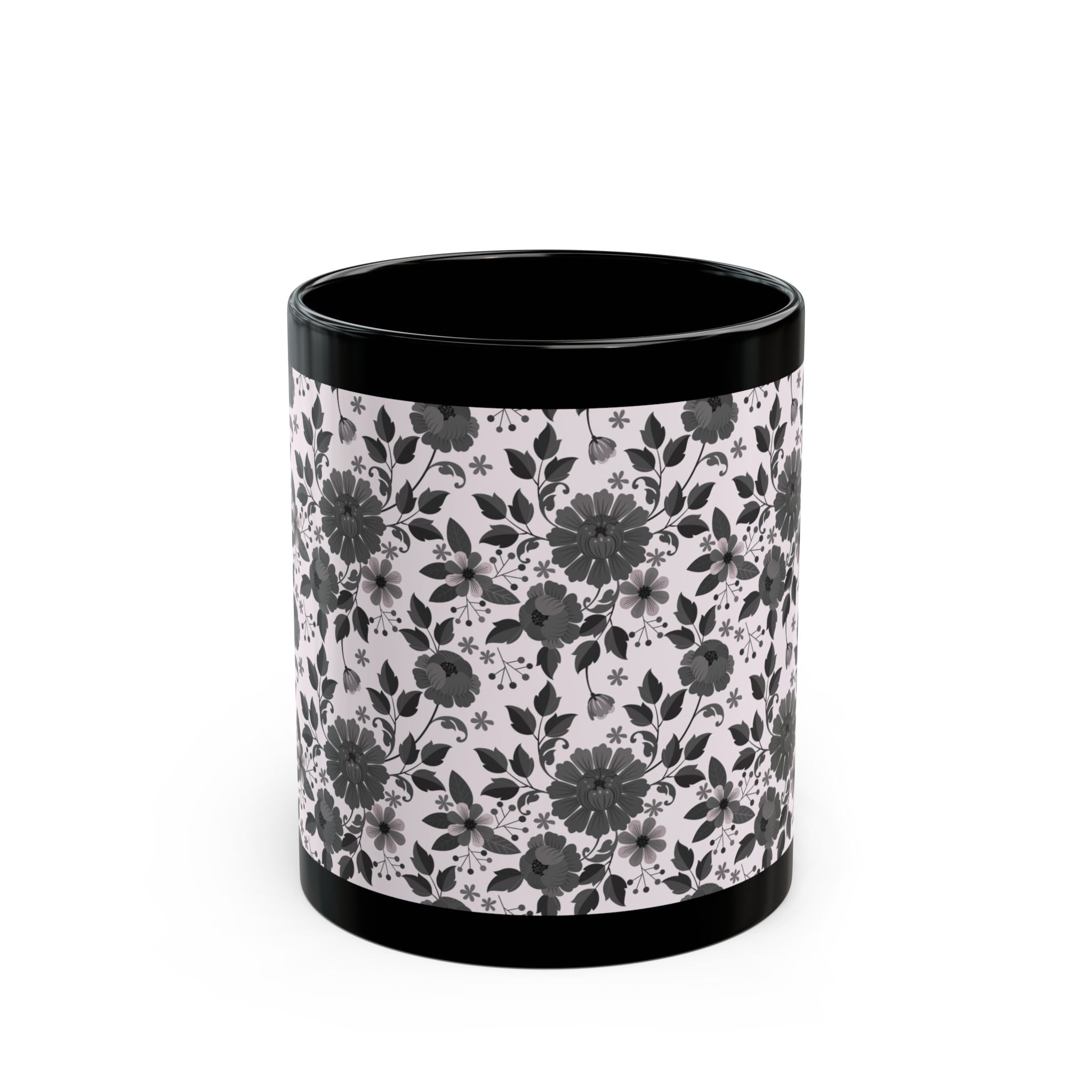 Black Floral Pattern Mug — Monochrome Vintage Flower Coffee Cup (11oz/15oz)