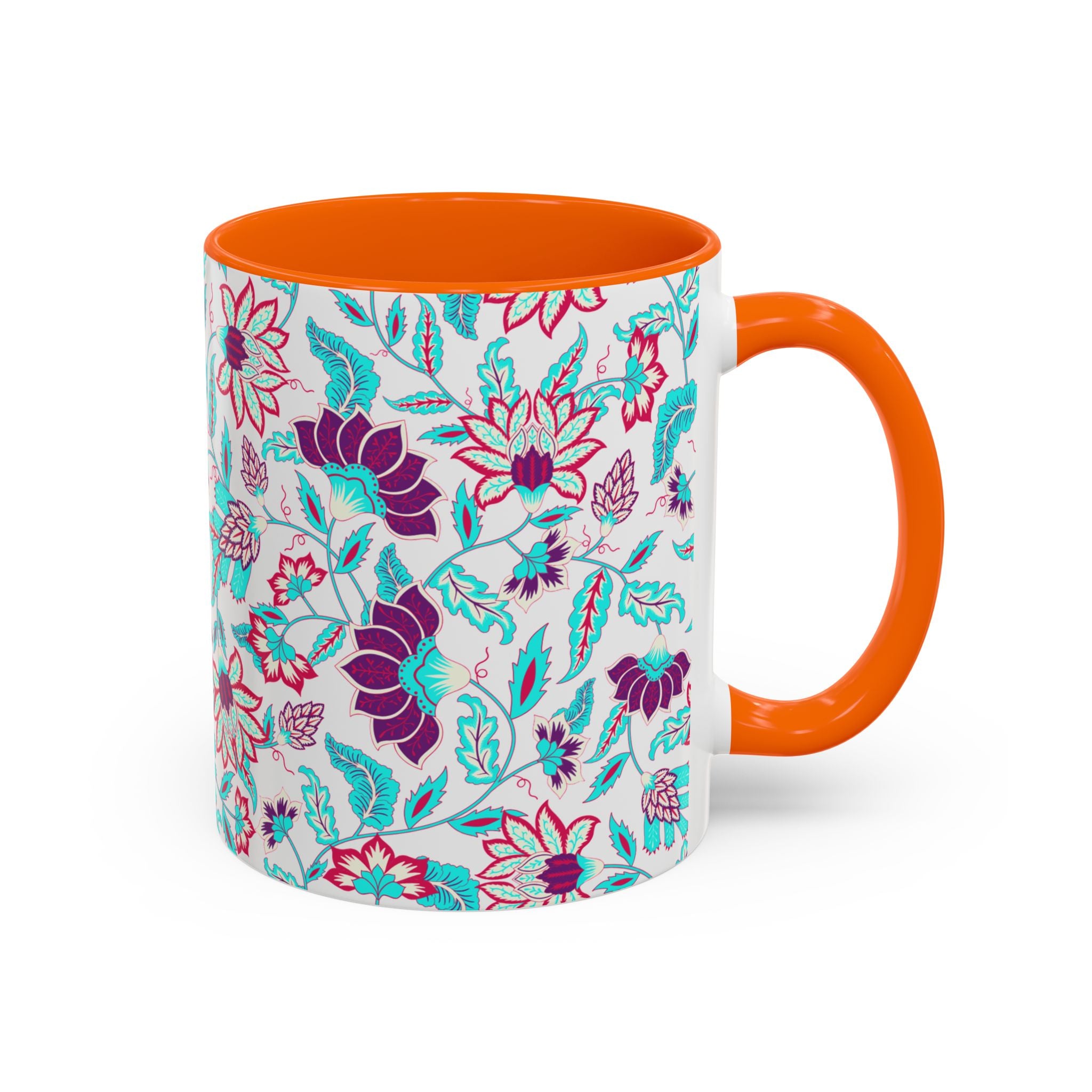Floral Accent Coffee Mug – Teal & Magenta Patterned Ceramic Mug (11/15oz)