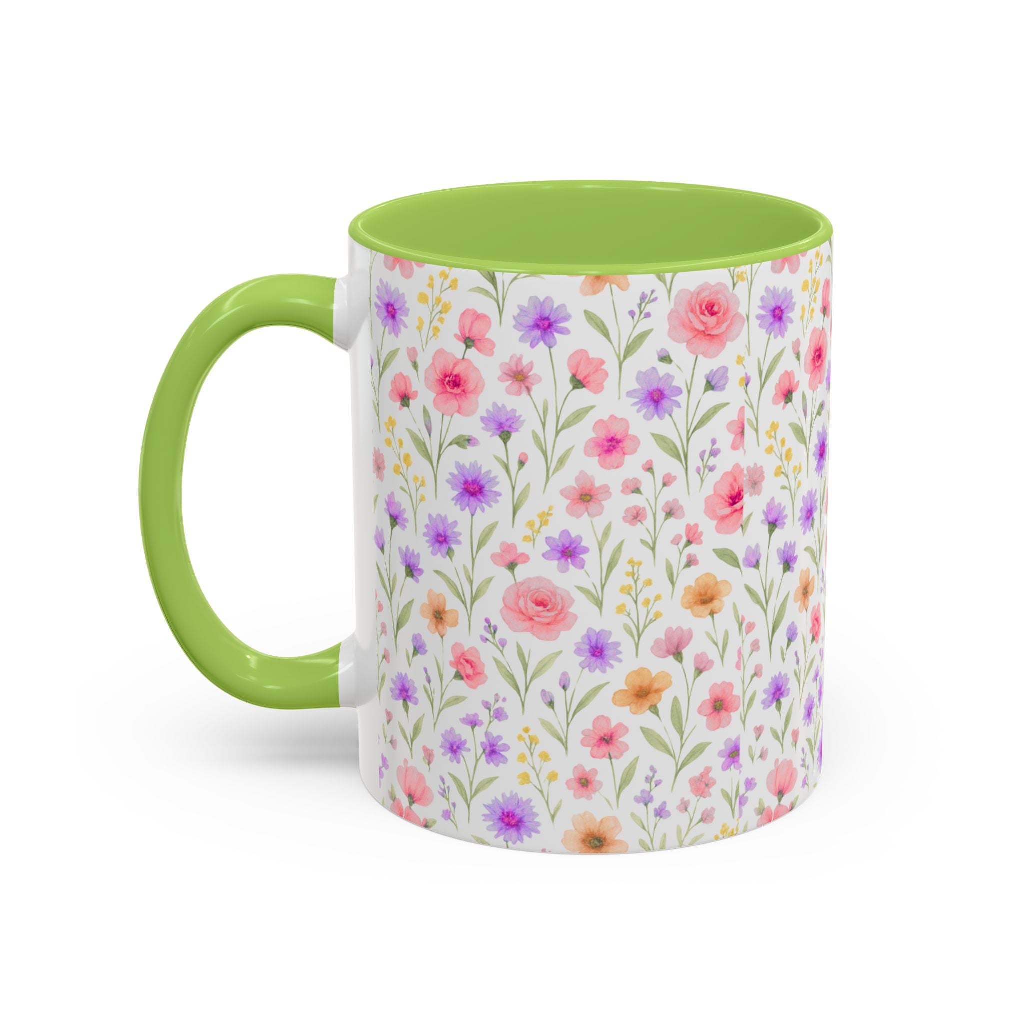 Floral Watercolor Accent Coffee Mug — Pastel Wildflower Pattern (11/15 oz)