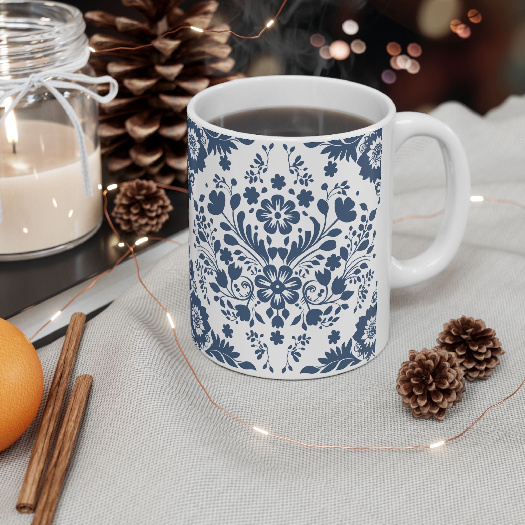 Blue Floral Ceramic Mug – Vintage Cottagecore Coffee Cup (11oz, 15oz)