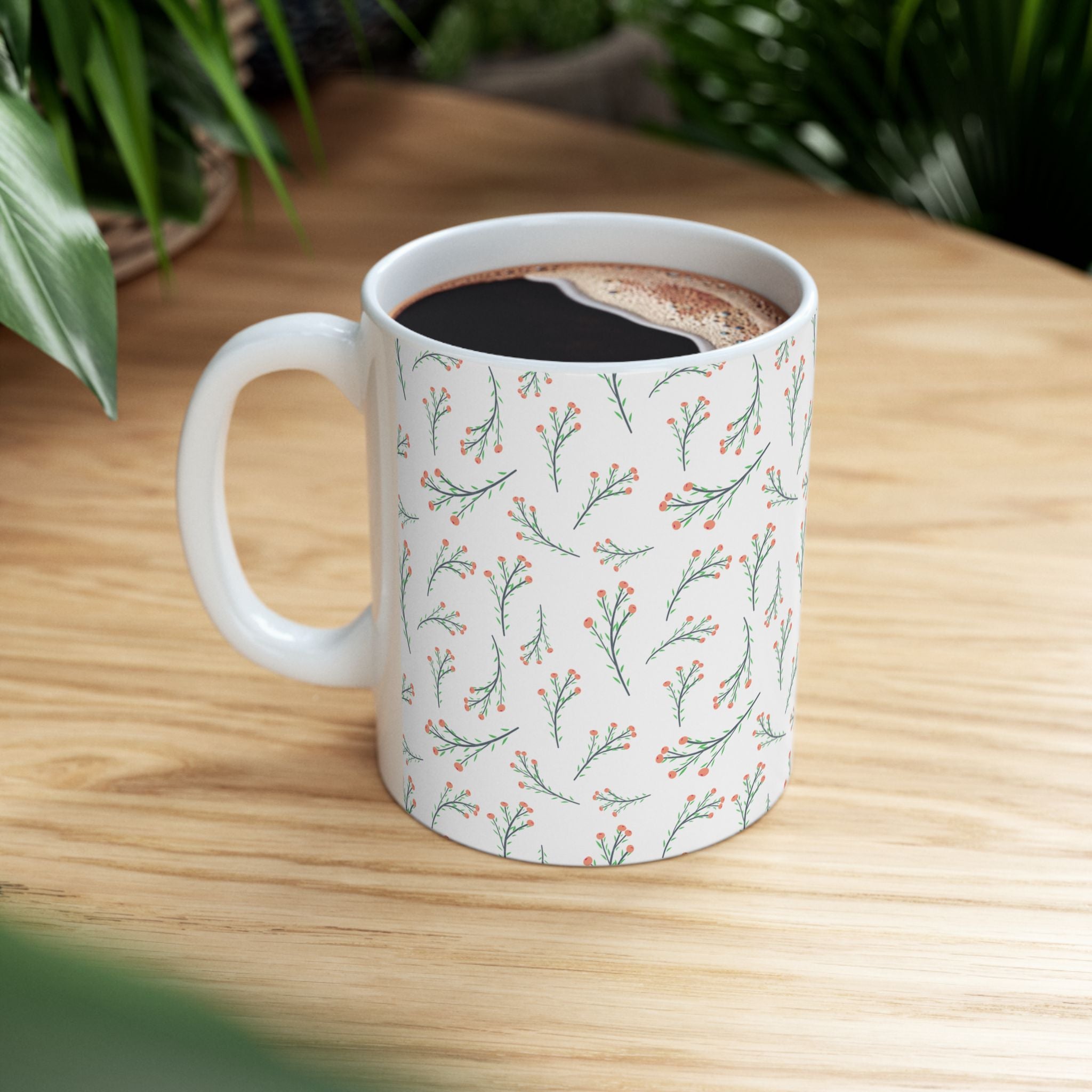 Botanical Sprig Ceramic Mug — Delicate Floral Pattern Coffee Cup (11oz, 15oz)