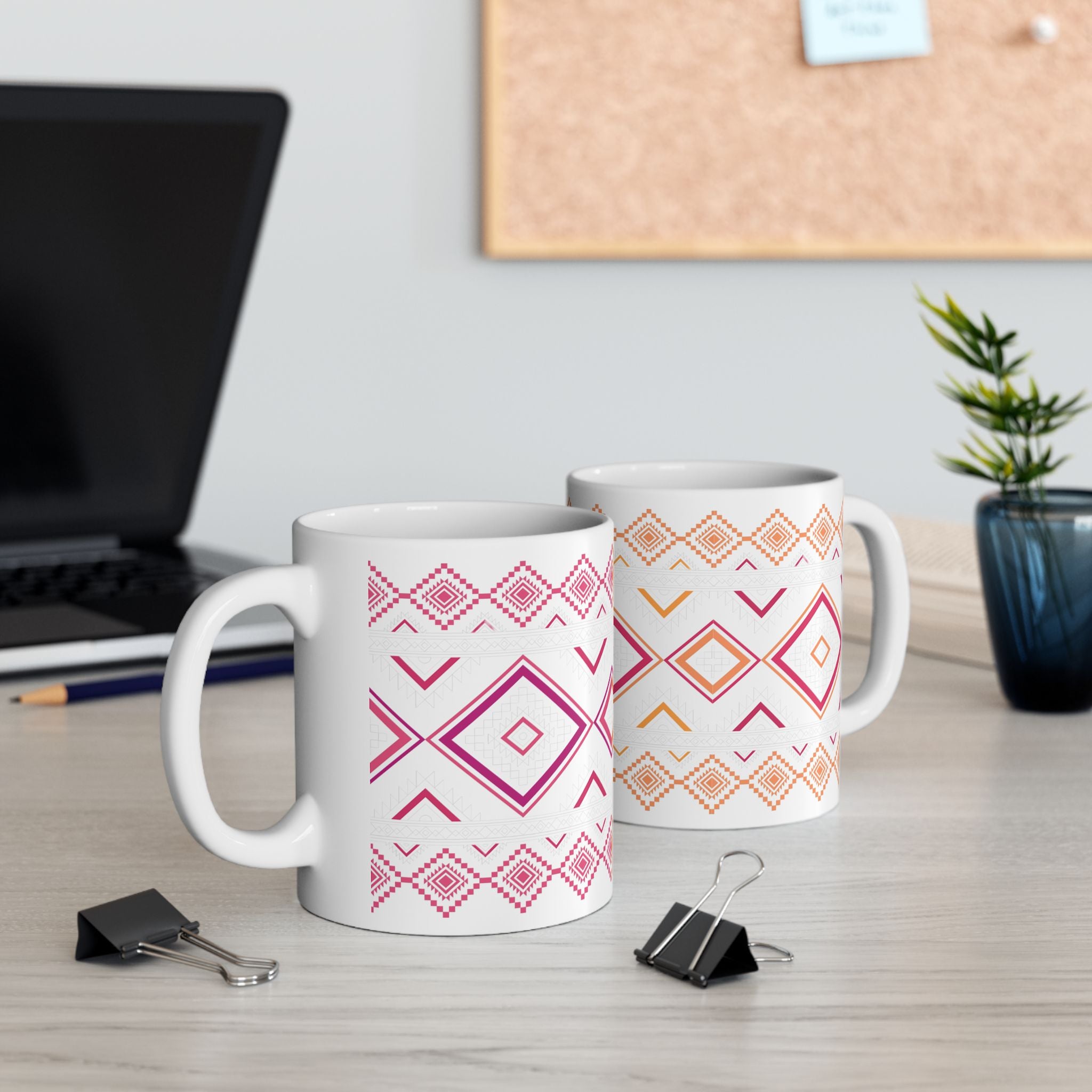 Boho Geo Pattern Ceramic Mug — Pink & Orange Tribal 11oz/15oz
