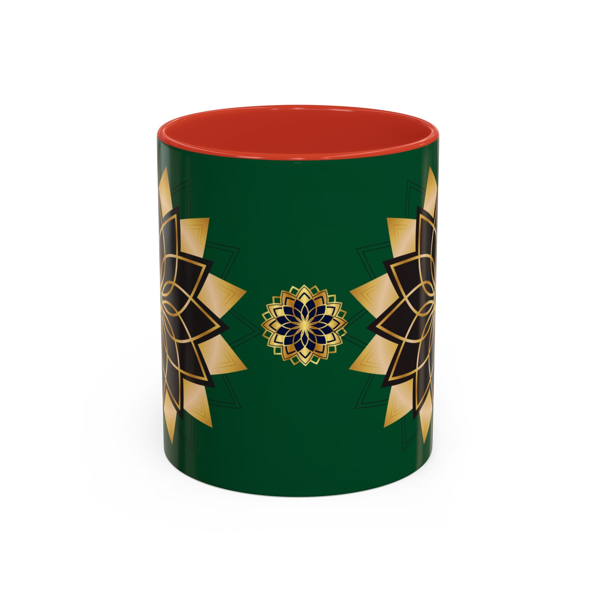 Gold Mandala Accent Coffee Mug — Elegant Green & Black Ceramic 11/15oz