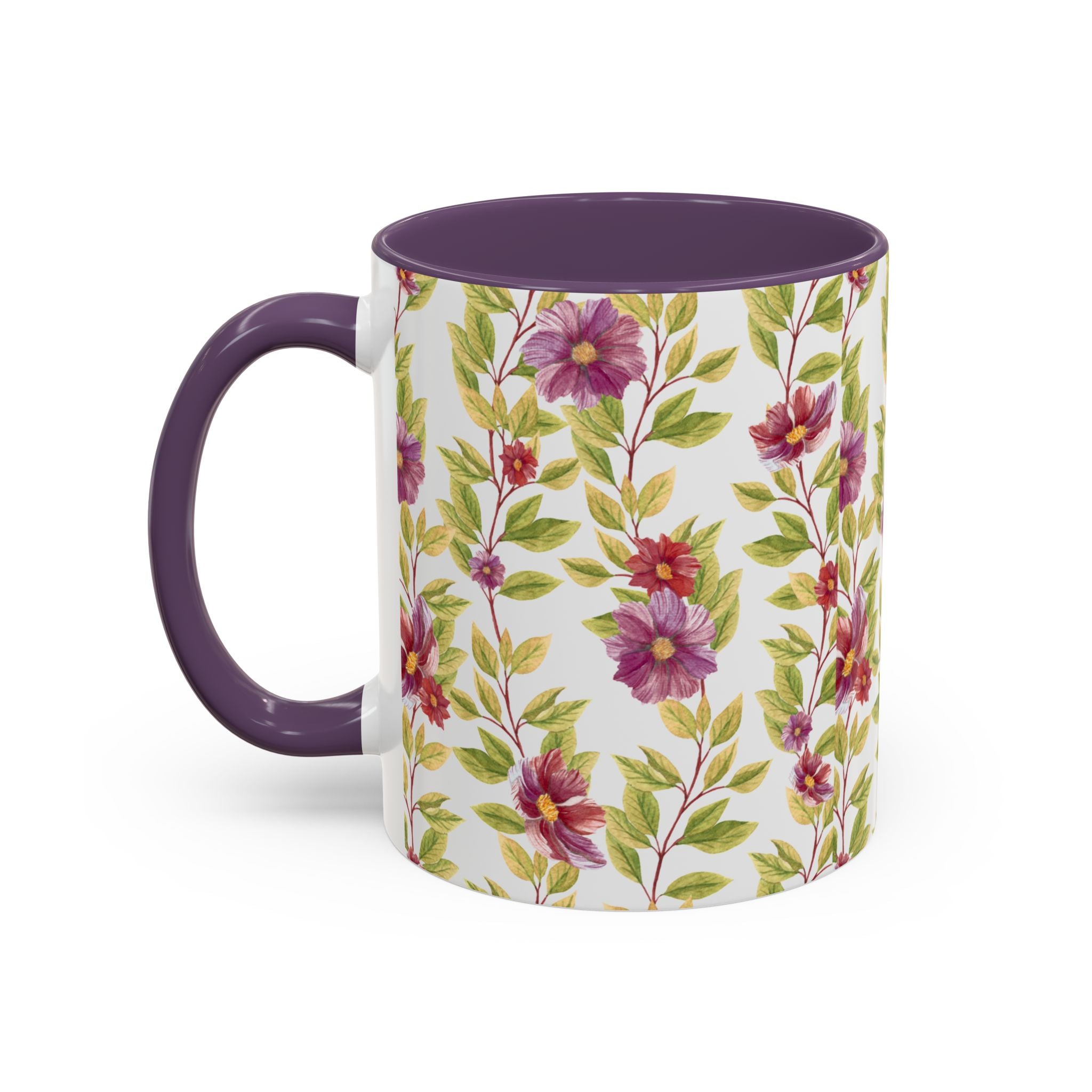 Floral Vine Accent Coffee Mug — Purple Watercolor Blossoms (11/15oz)