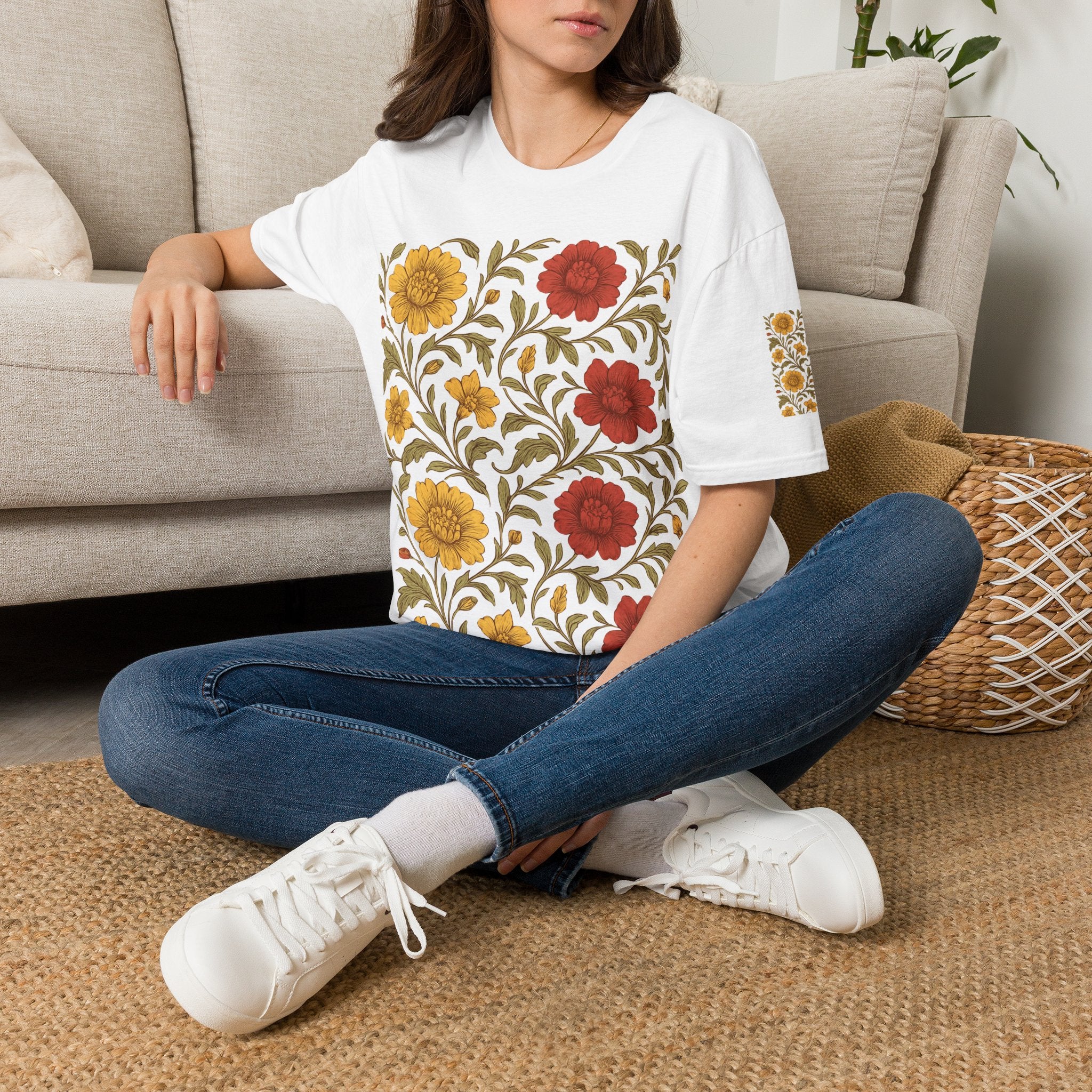 Floral Vintage Garden T-Shirt — Red & Mustard Blooms