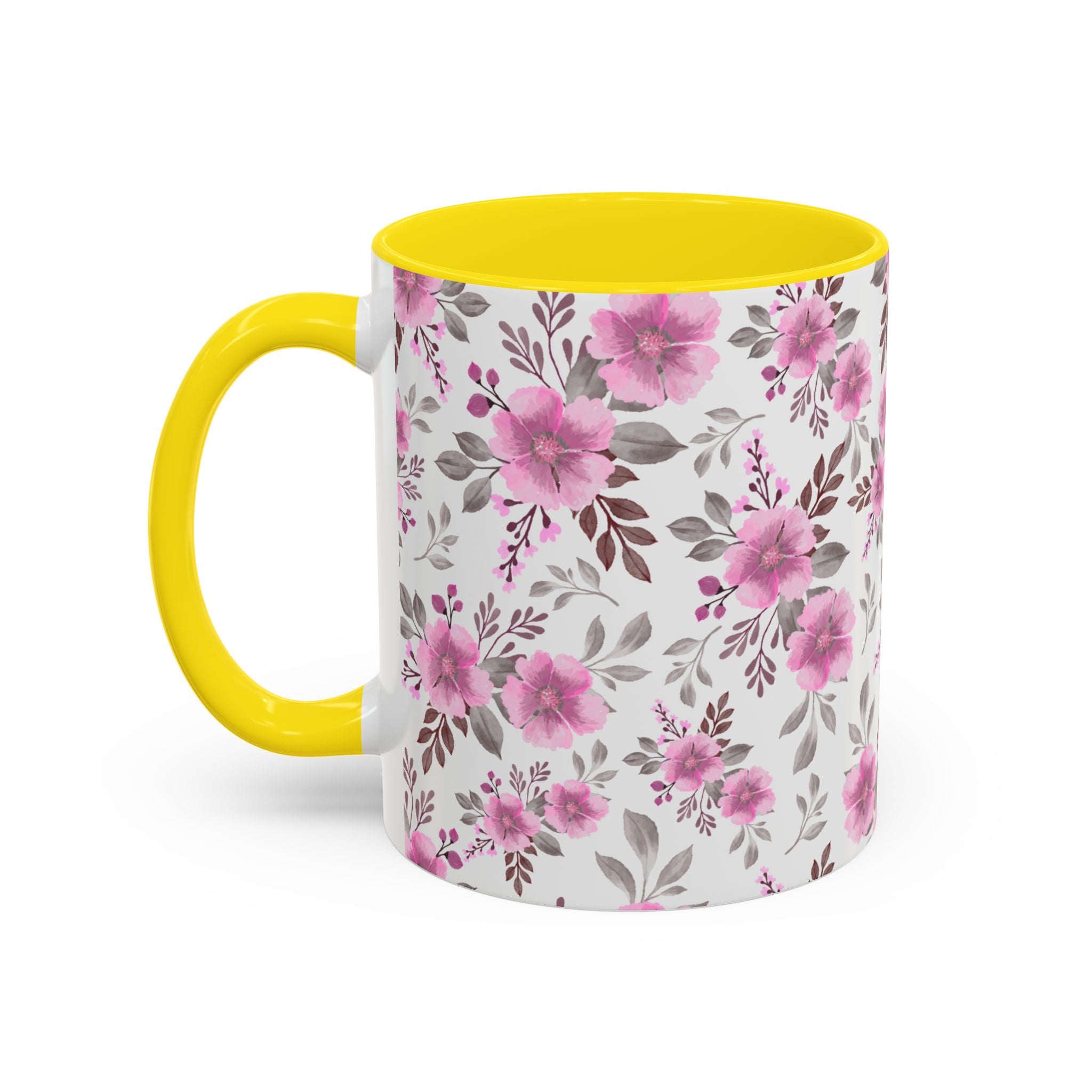Pink Floral Accent Coffee Mug — Ceramic Rose Pattern 11/15oz