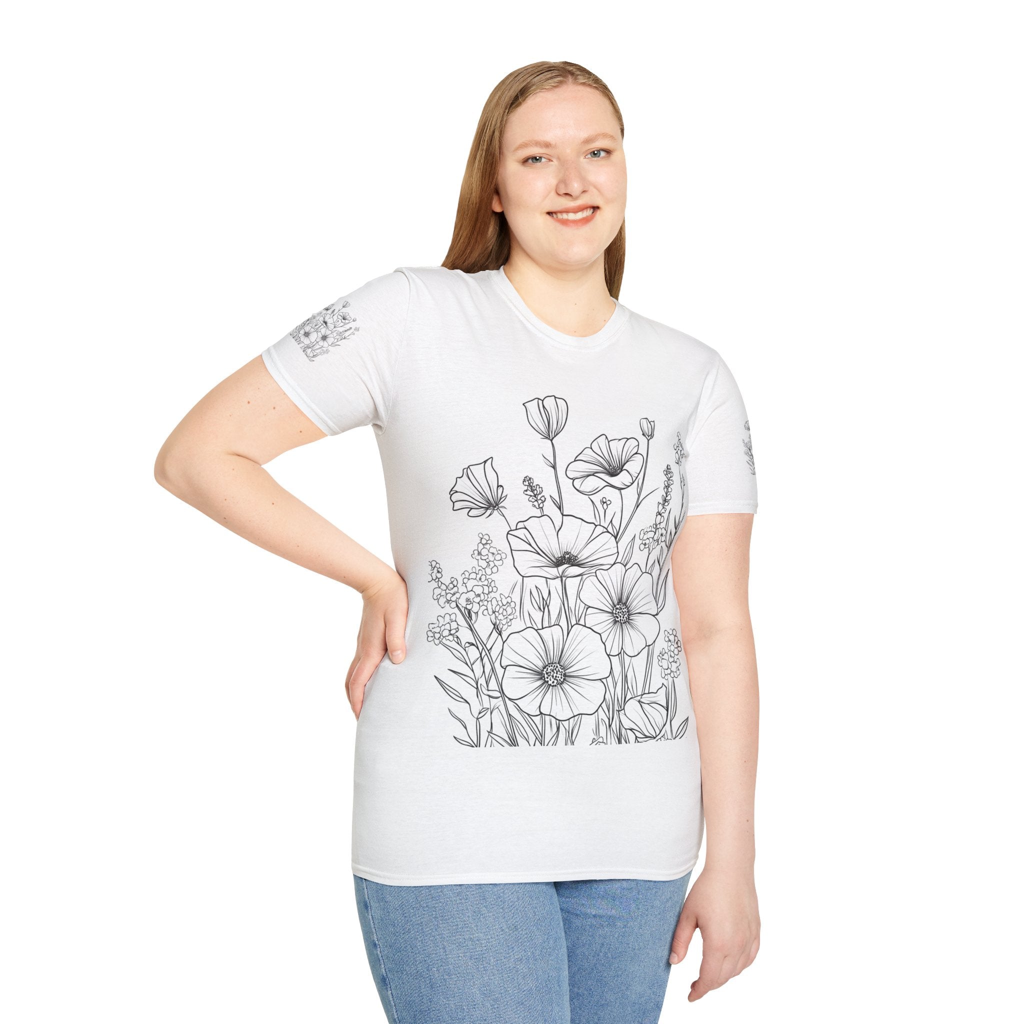 Floral Line Art T-Shirt — Botanical Poppy Sketch Tee