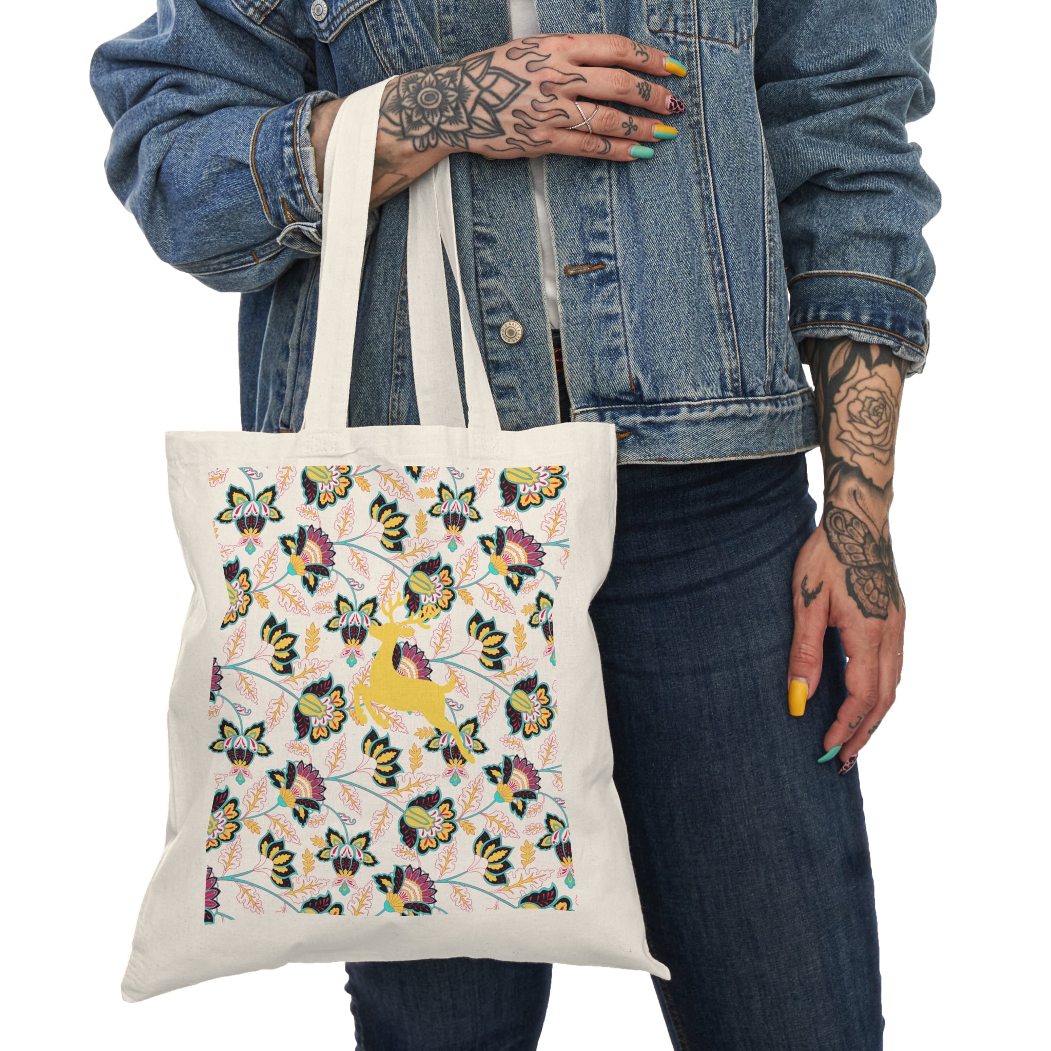 Floral Fox Natural Tote Bag - Cute Yellow Fox on Vintage Flower Pattern