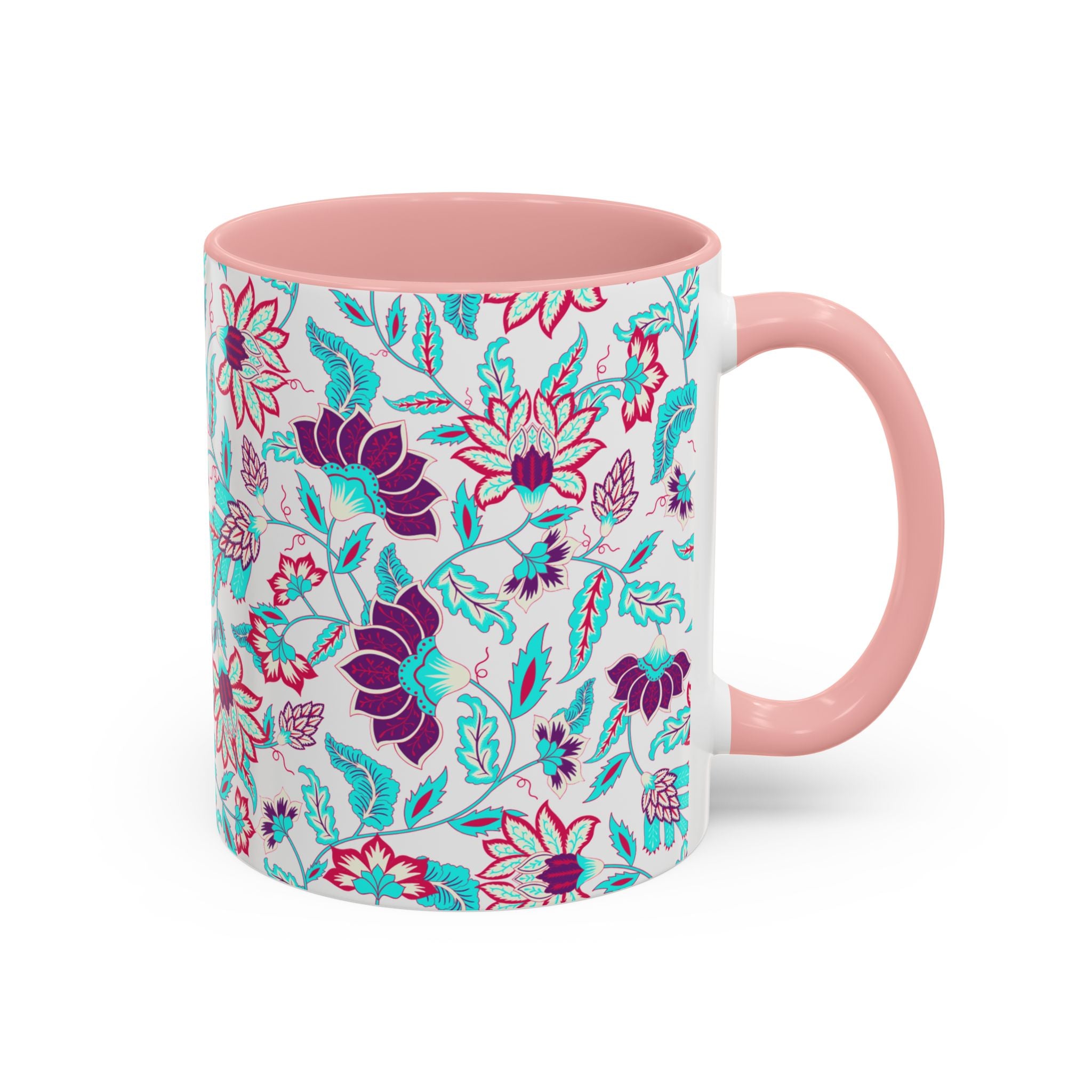 Floral Accent Coffee Mug – Teal & Magenta Patterned Ceramic Mug (11/15oz)