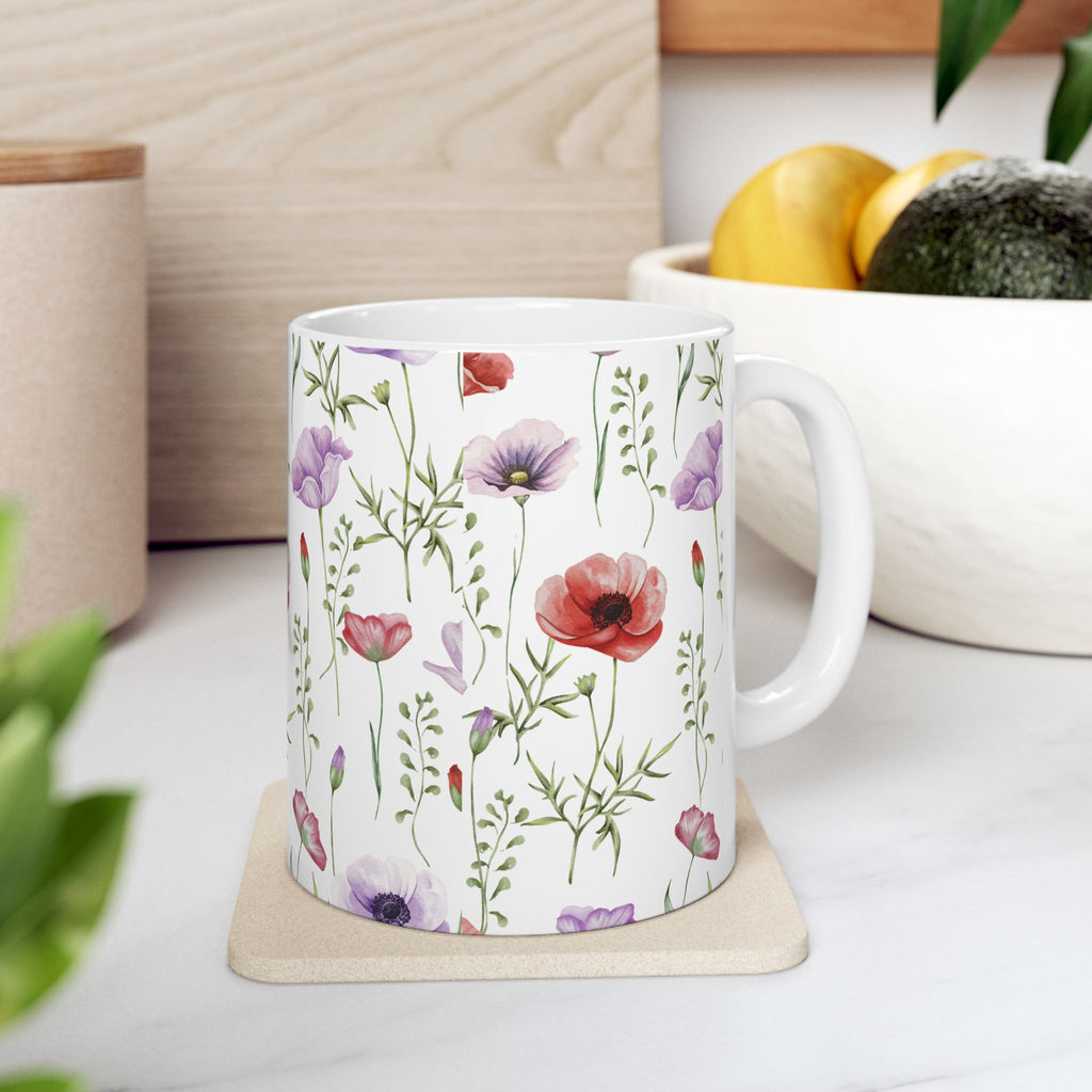 Floral Watercolor Poppy Mug — Botanical 11oz & 15oz Ceramic Coffee Cup