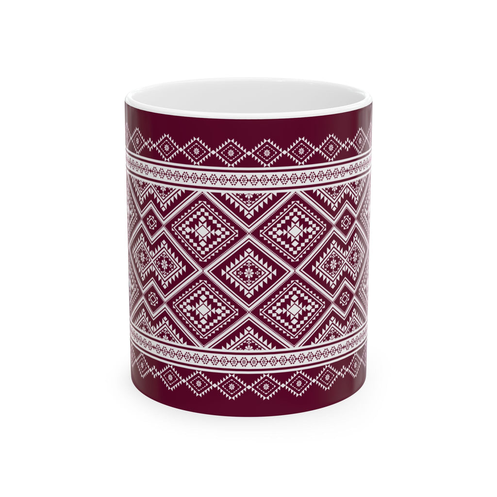 Maroon Nordic Pattern Ceramic Mug — Cozy Scandinavian Knit Design (11oz & 15oz)