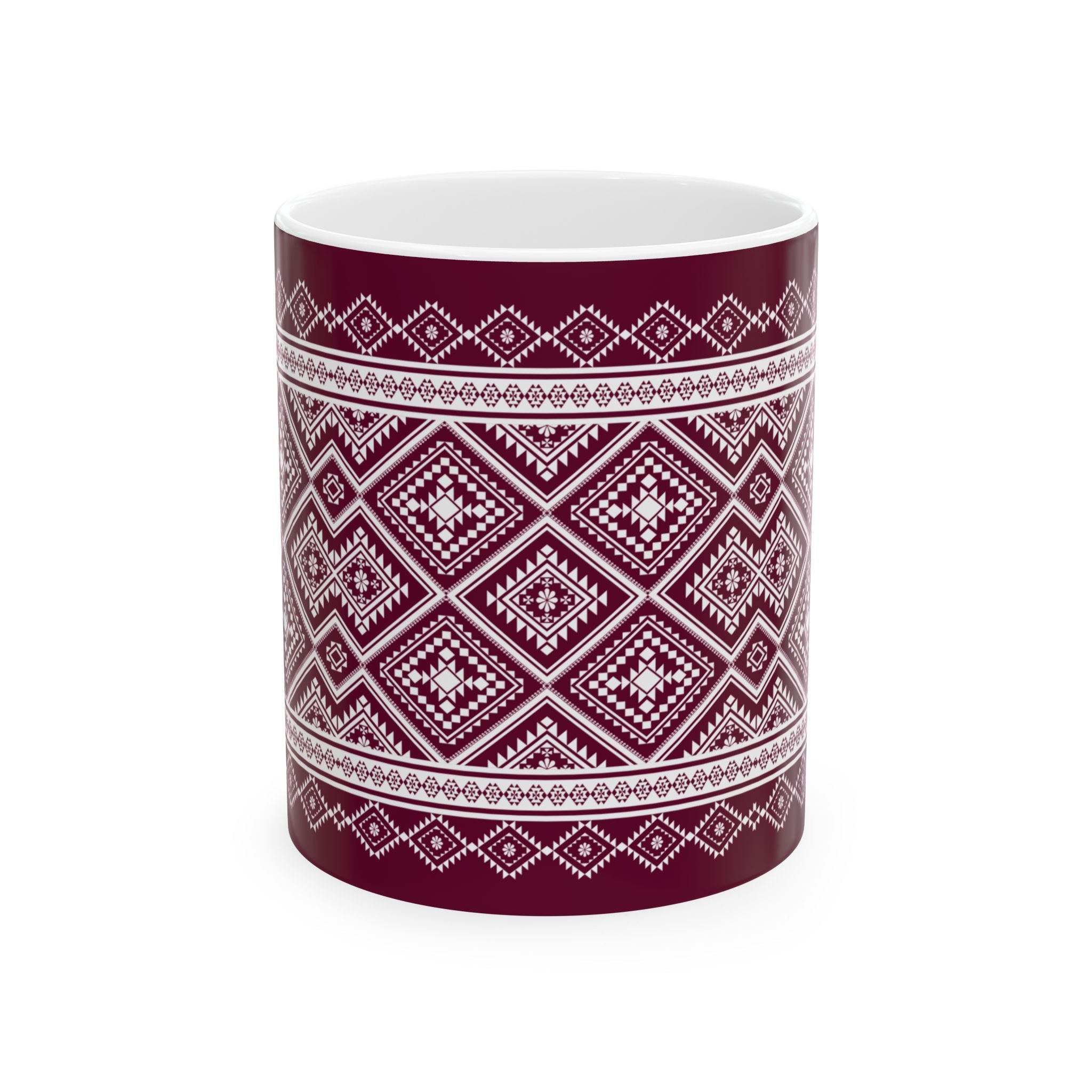 Maroon Nordic Pattern Ceramic Mug — Cozy Scandinavian Knit Design (11oz & 15oz)