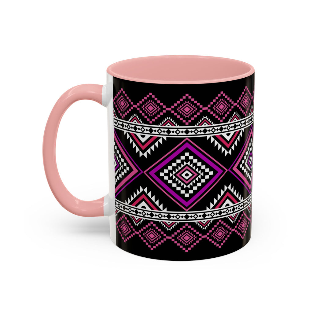 Geometric Aztec Accent Coffee Mug — Pink & Black Tribal Pattern (11/15oz)