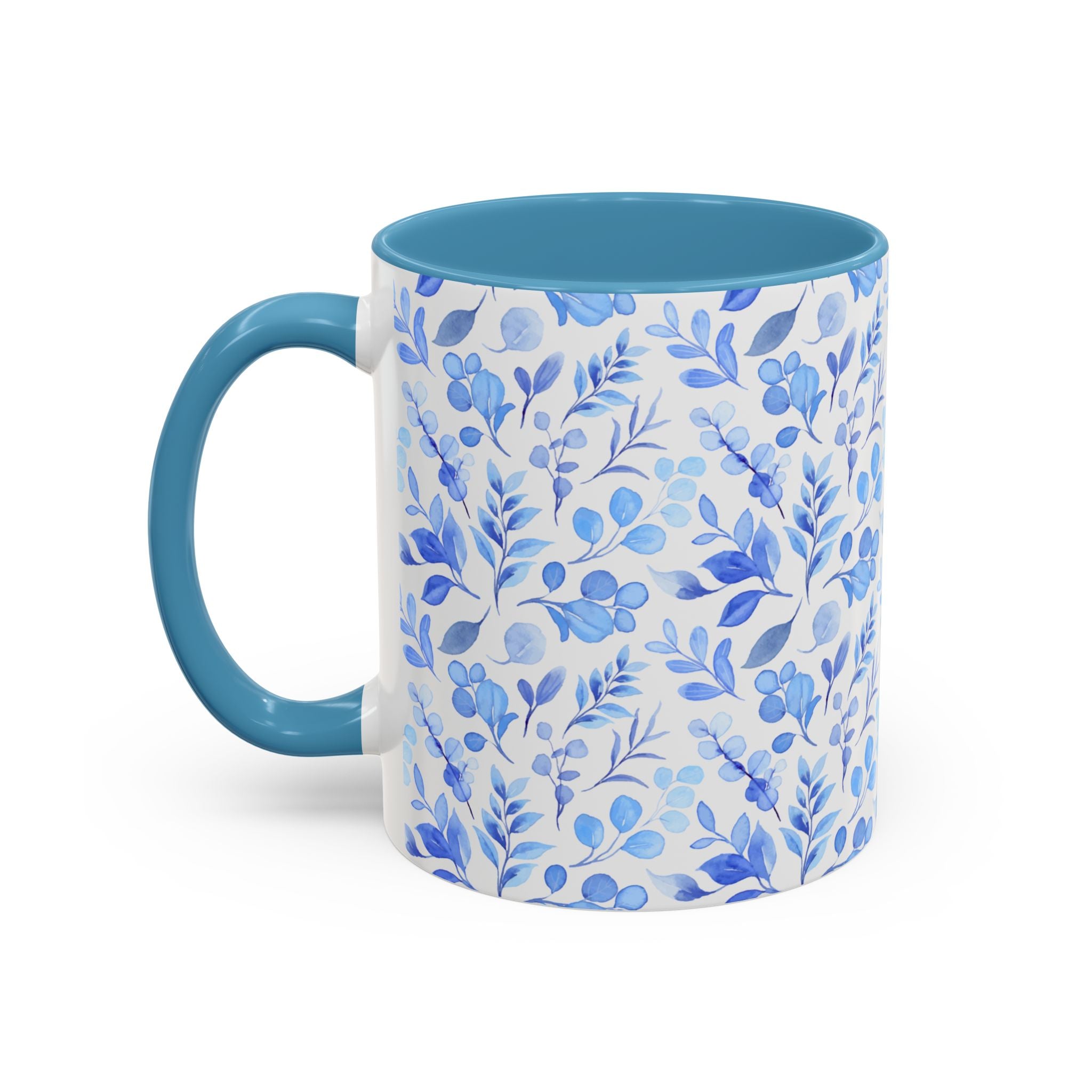 Blue Watercolor Floral Coffee Mug — Accent Handle & Interior
